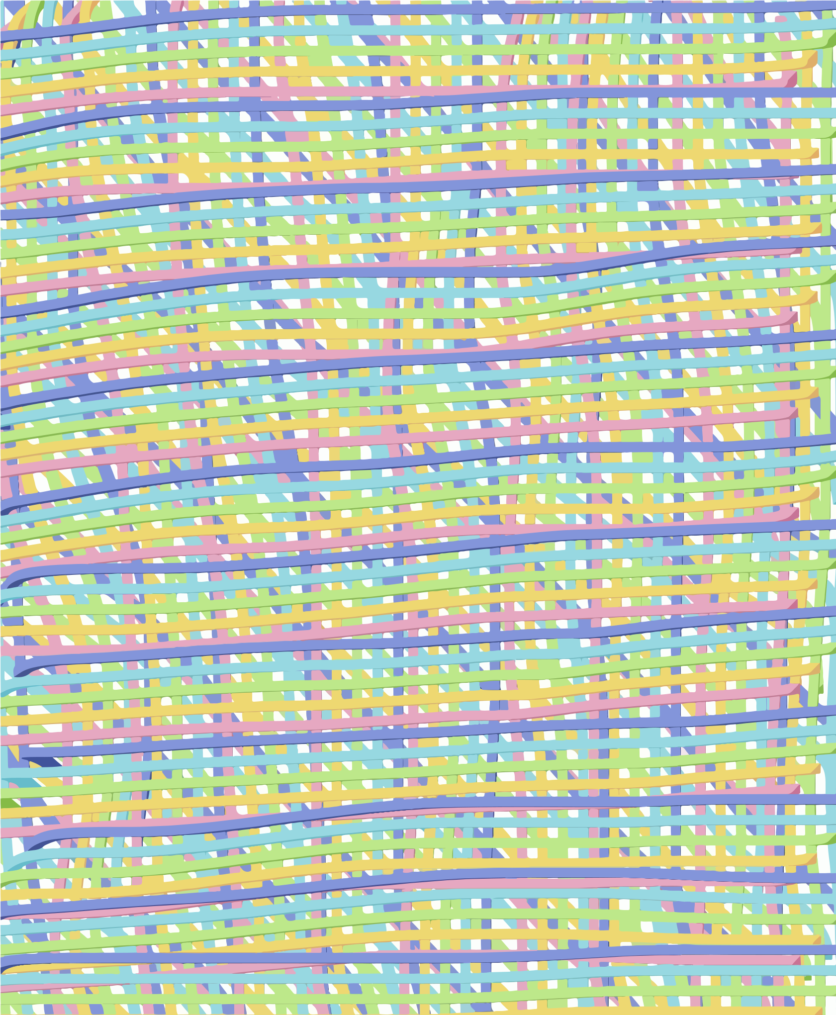 Uma grade de linhas pastel horizontais e verticais sobrepostas em azul, amarelo e rosa
