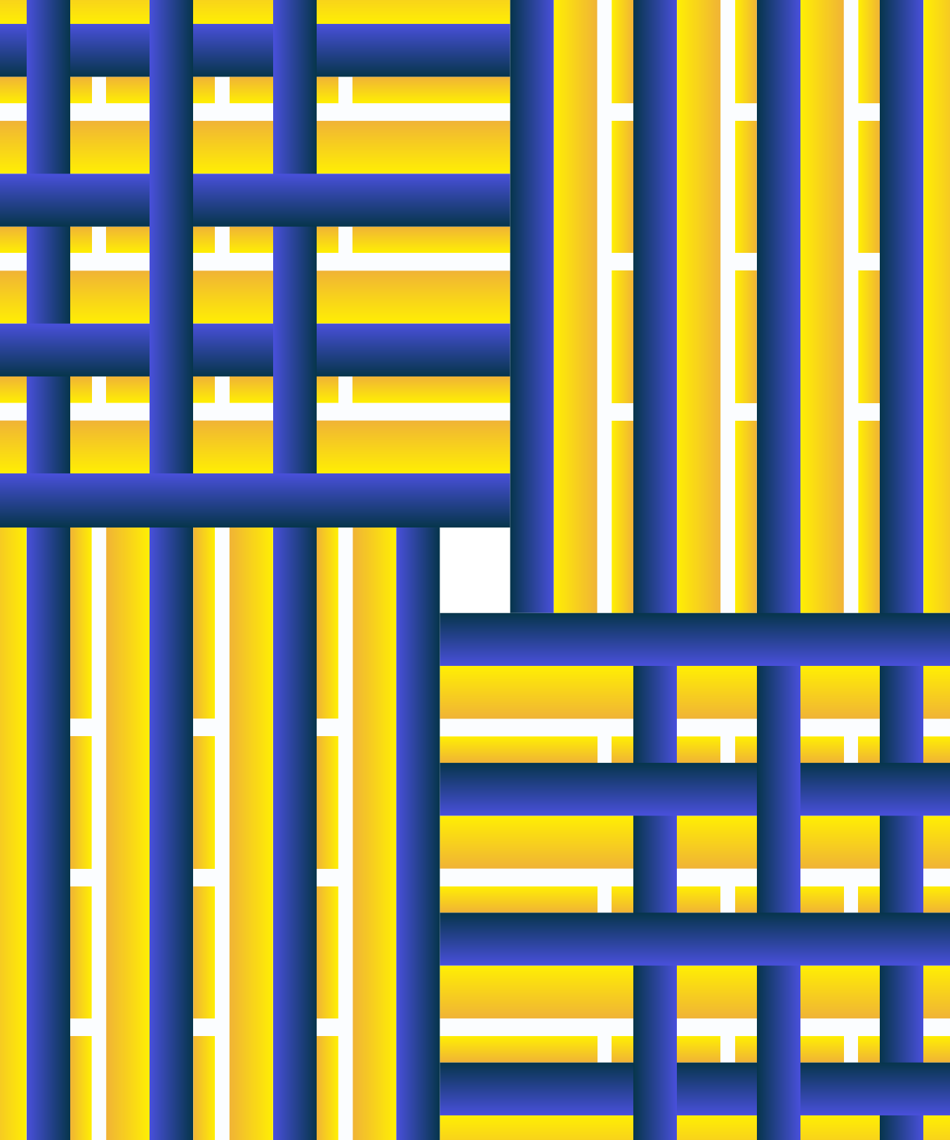 Un motivo geometrico di barre blu che si incrociano su strisce verticali gialle e bianche