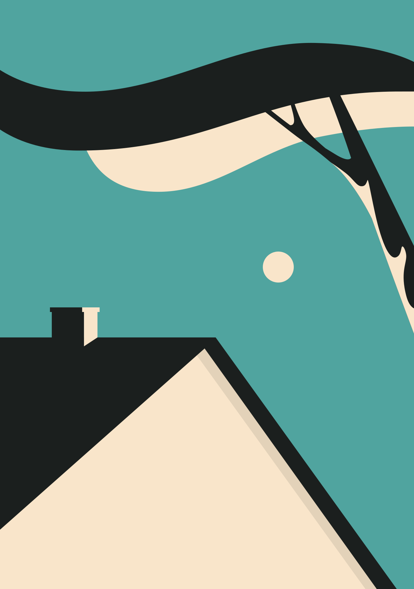 A house roof with a chimney under a tree branch and moon