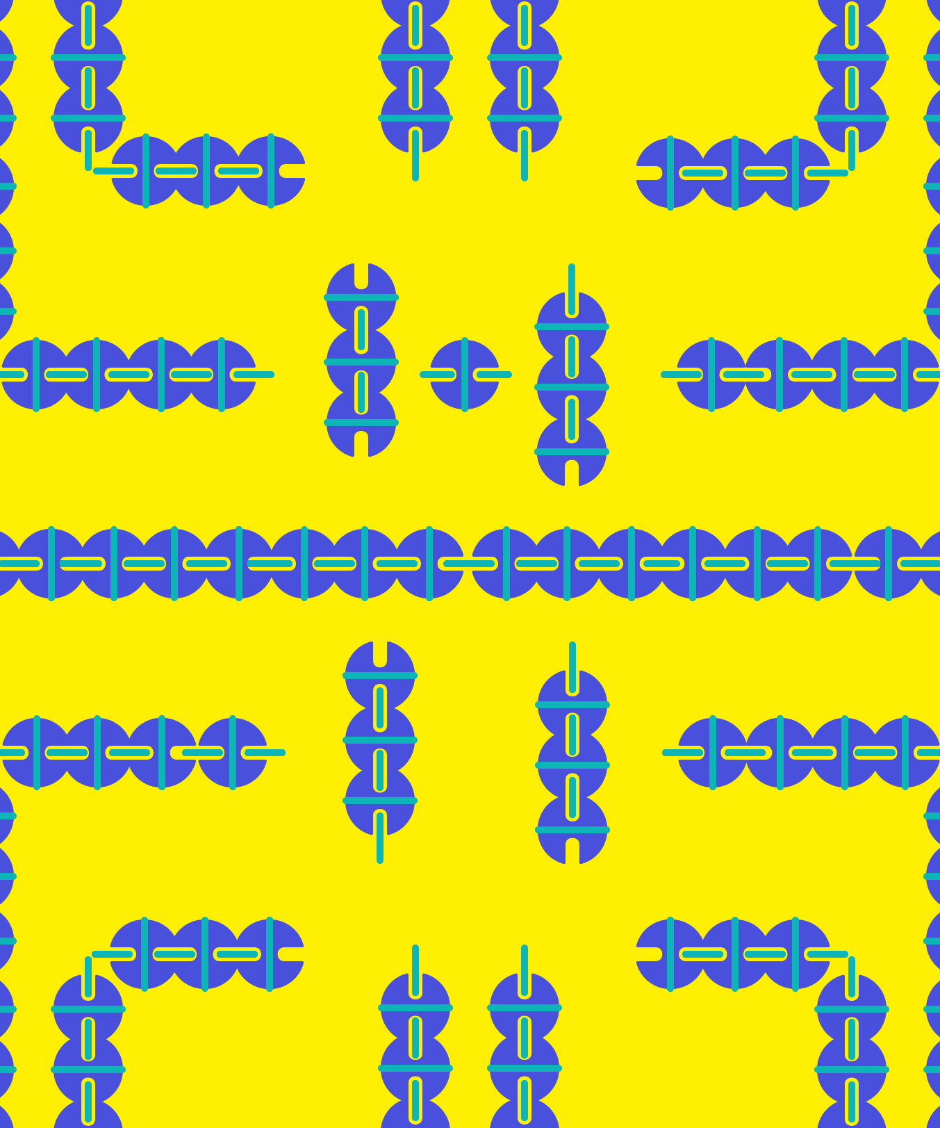 Un motivo ripetuto di forme circolari blu collegate da linee verdi su giallo