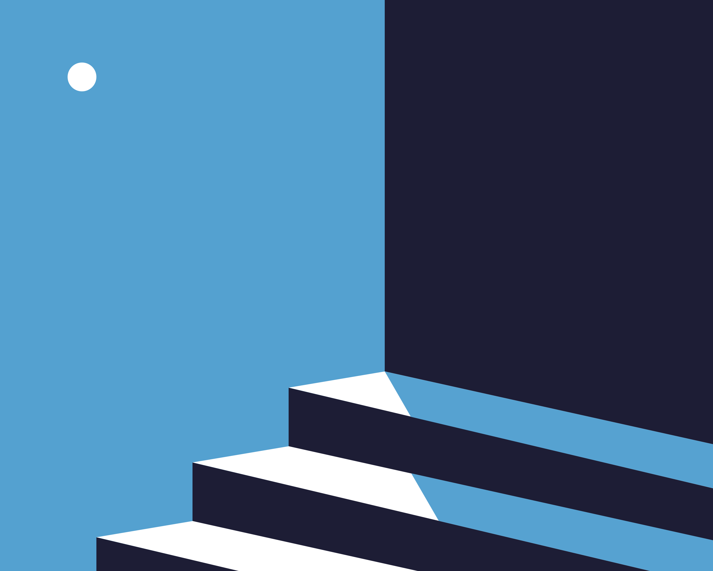 Un escalier blanc contre un mur bleu avec un petit cercle blanc