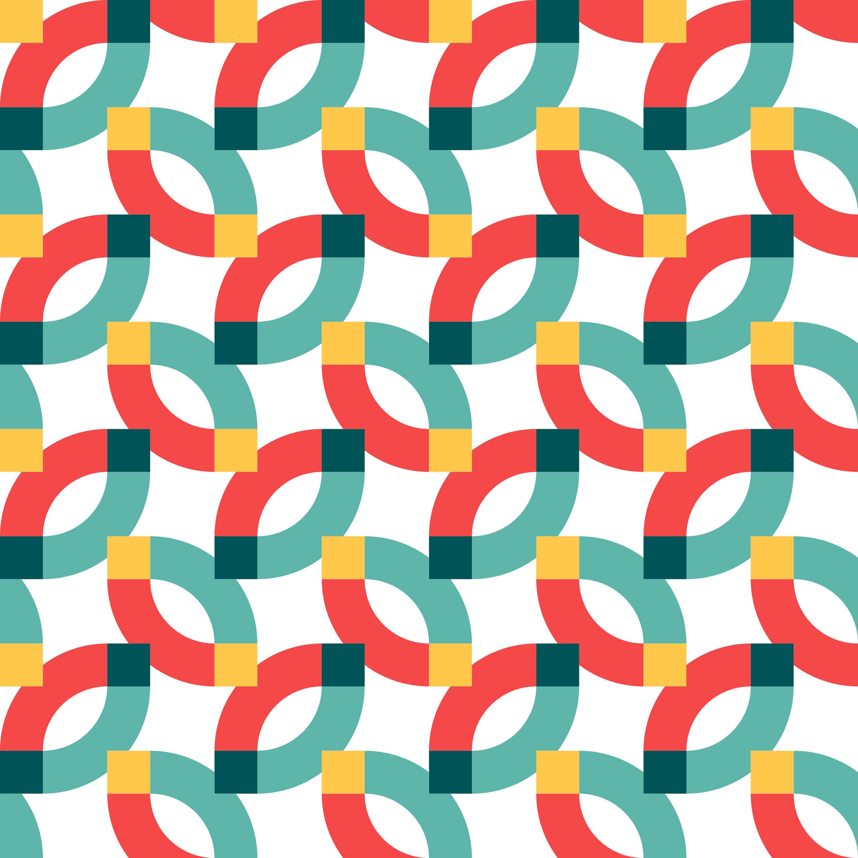 Un motif sans couture de formes courbes rouges et turquoise avec des accents carrés jaunes
