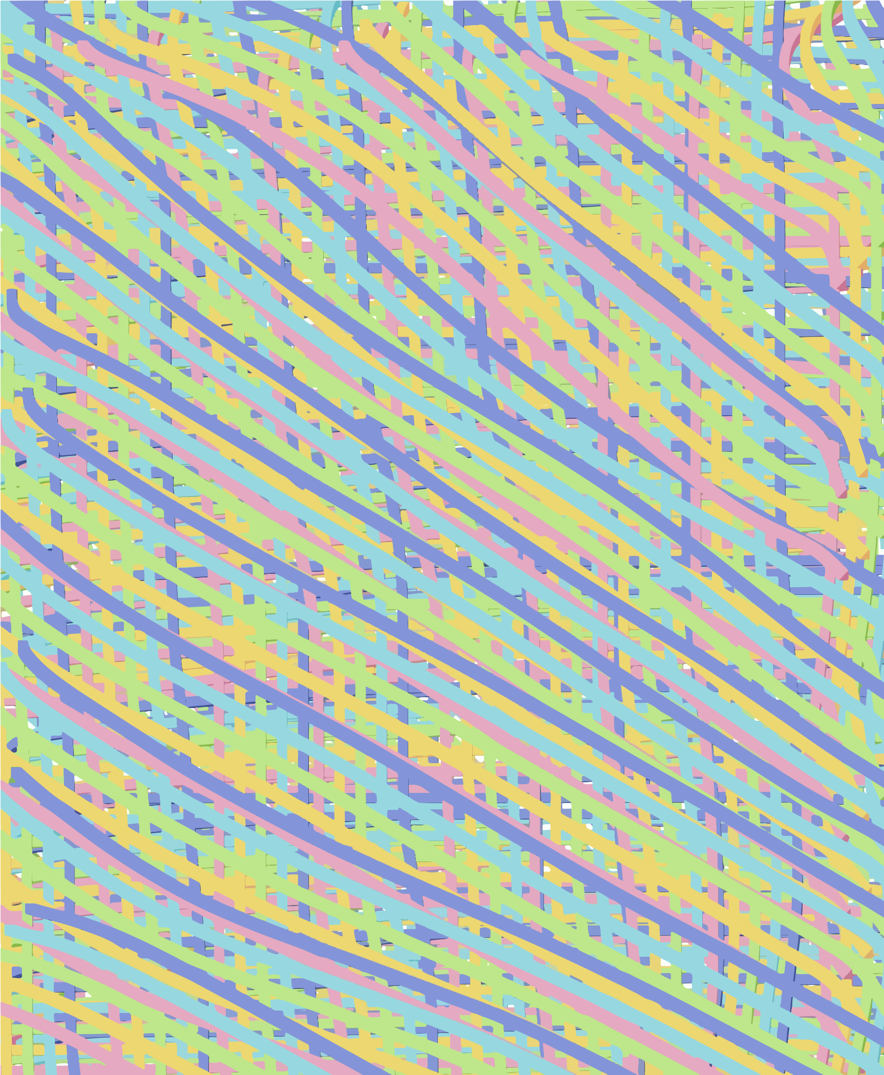 Um padrão de linhas diagonais sobrepostas em tons pastel rosa, amarelo, azul e verde