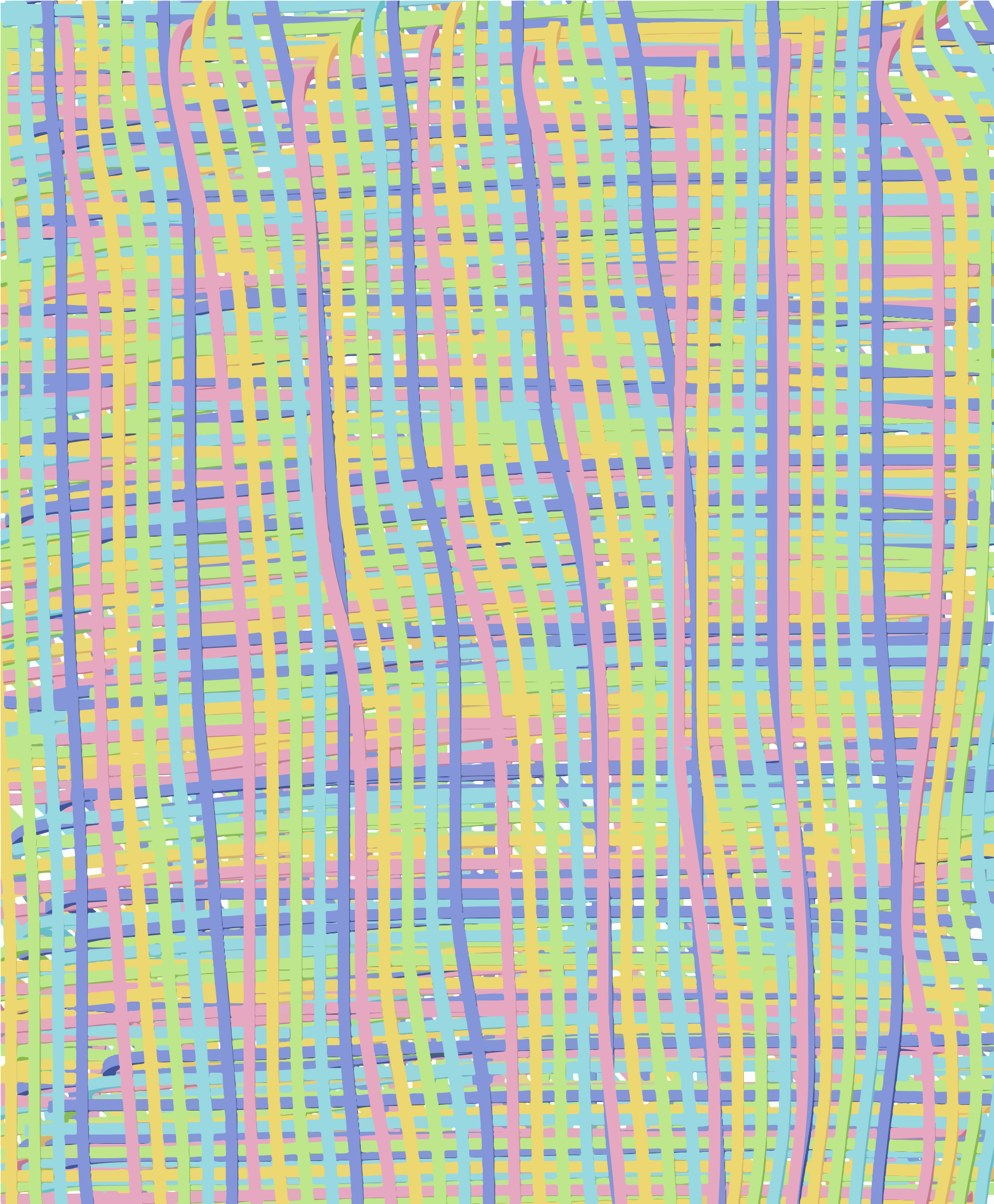 Uma grade de linhas onduladas pastel rosa, azul, amarelo e verde que se cruzam