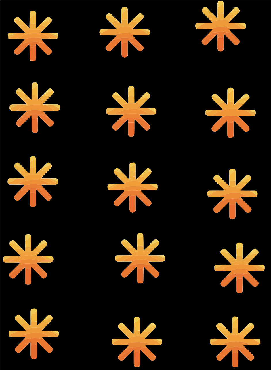 Una cuadrícula de quince formas de estrellas naranjas y amarillas sobre un fondo negro
