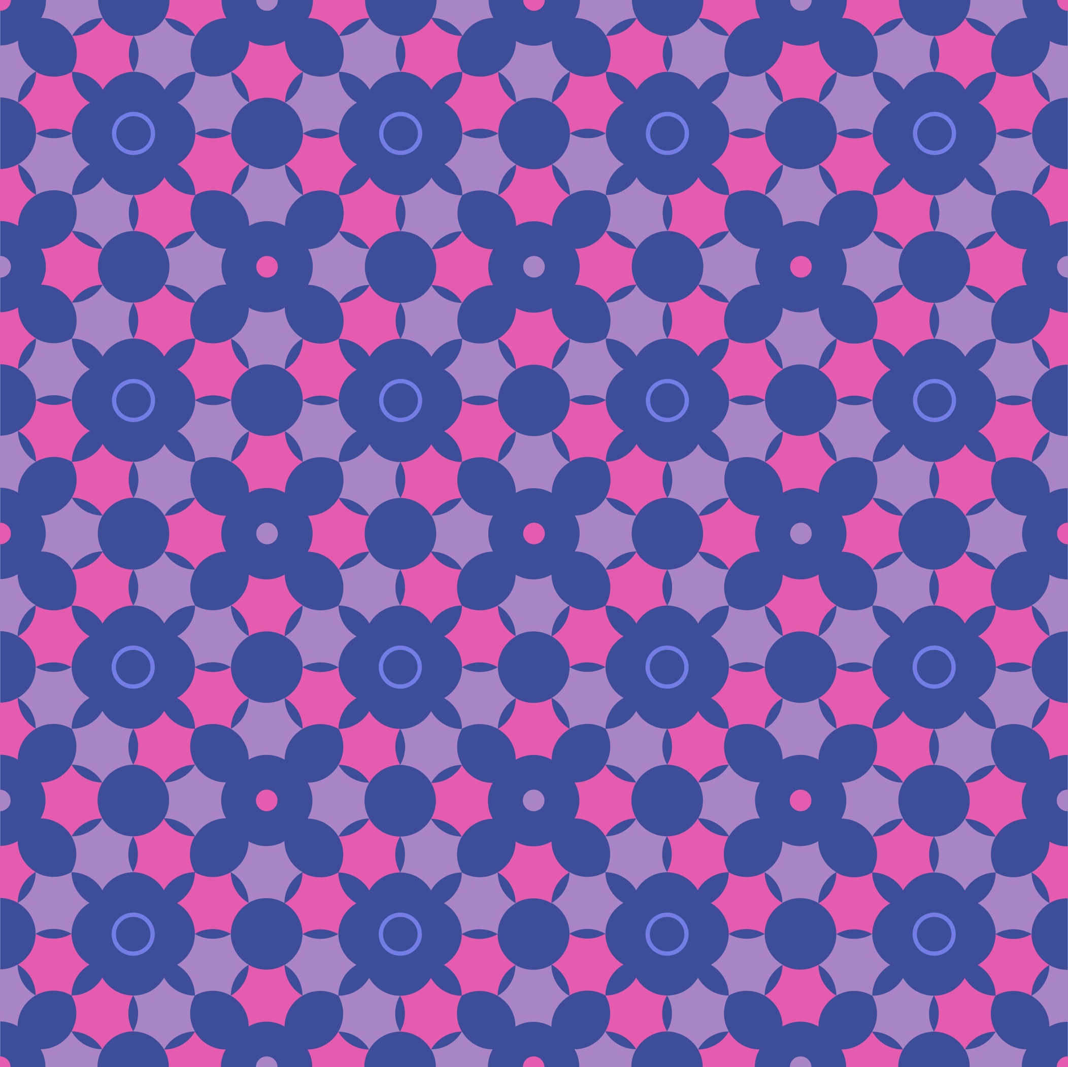 Un motif géométrique sans couture de cercles bleu foncé et de formes de fleurs sur fond rose