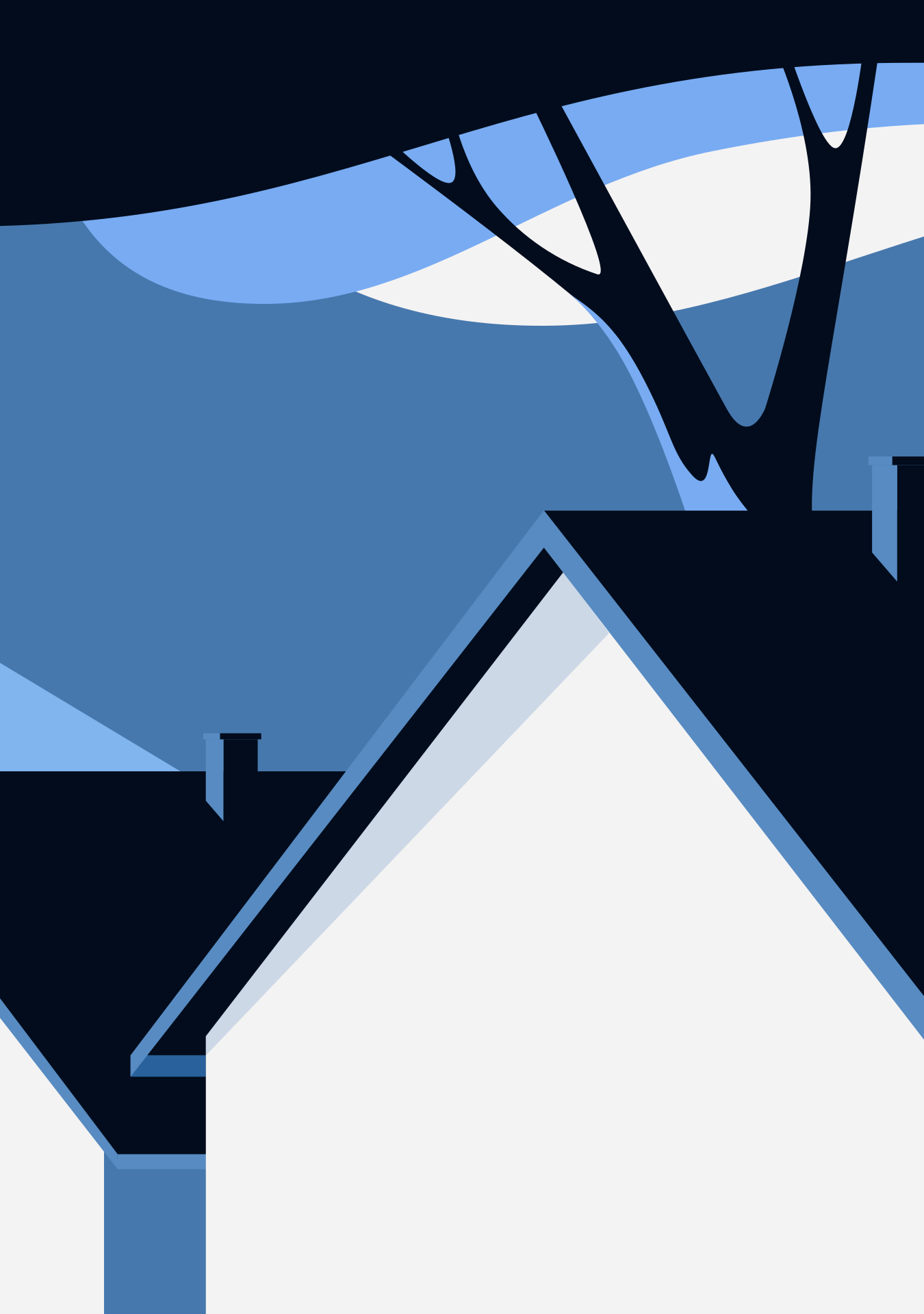 Un tetto di casa stilizzato e una sagoma di albero contro un cielo notturno azzurro