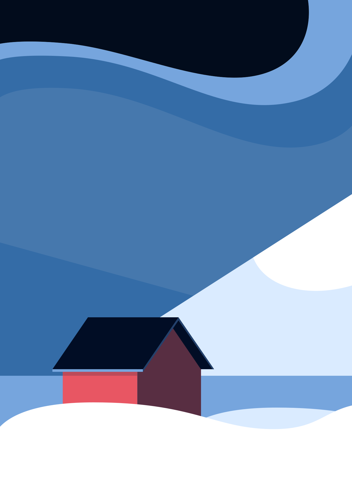 A small red house in a snowy landscape under a dark blue sky