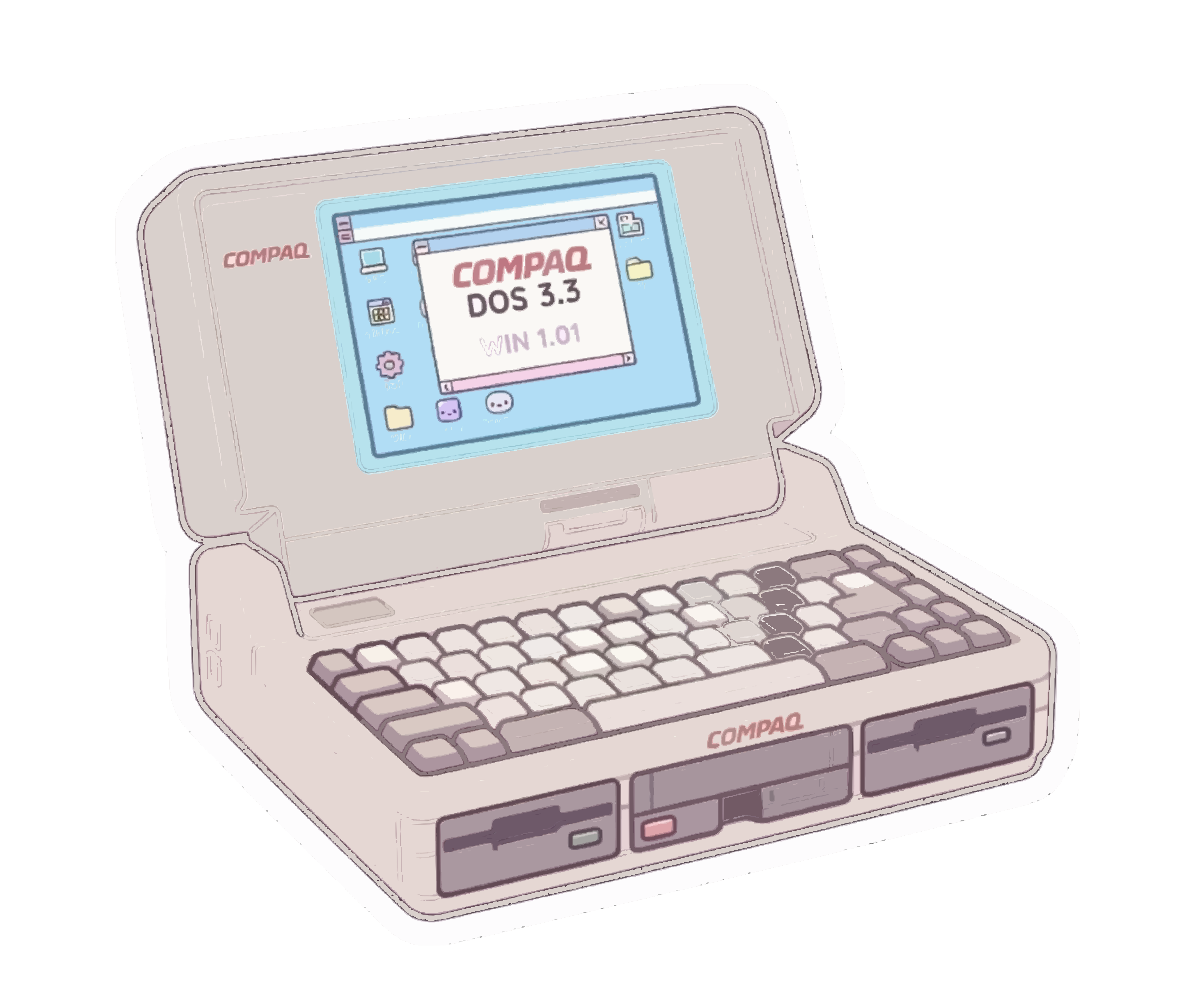 Ein vintage tragbarer Computer mit einem Bildschirm, der Compaq DOS 3.3 und Win 1.01 anzeigte
