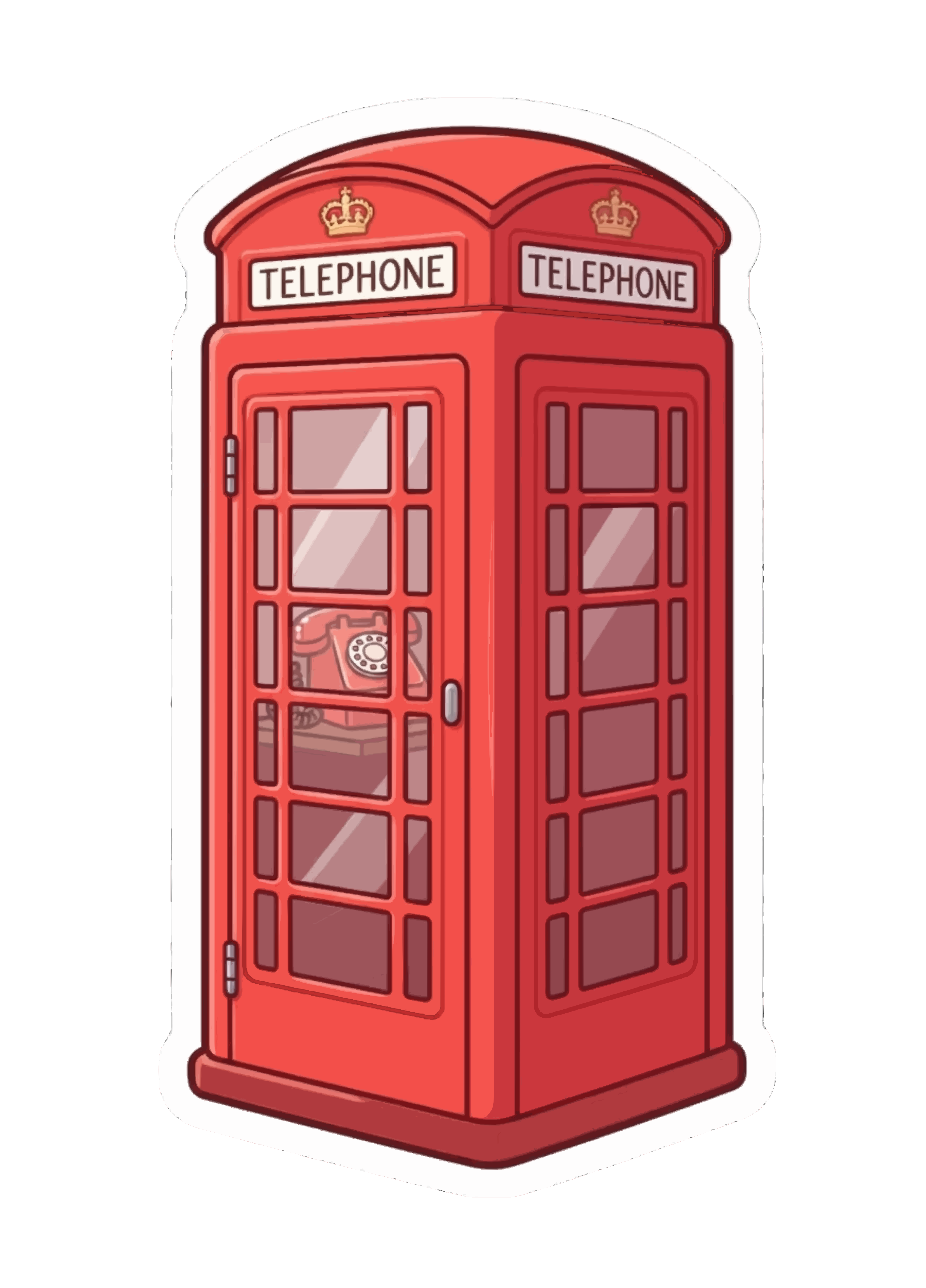 Une cabine téléphonique britannique rouge avec des panneaux vitrés et un téléphone rotatif à l’intérieur