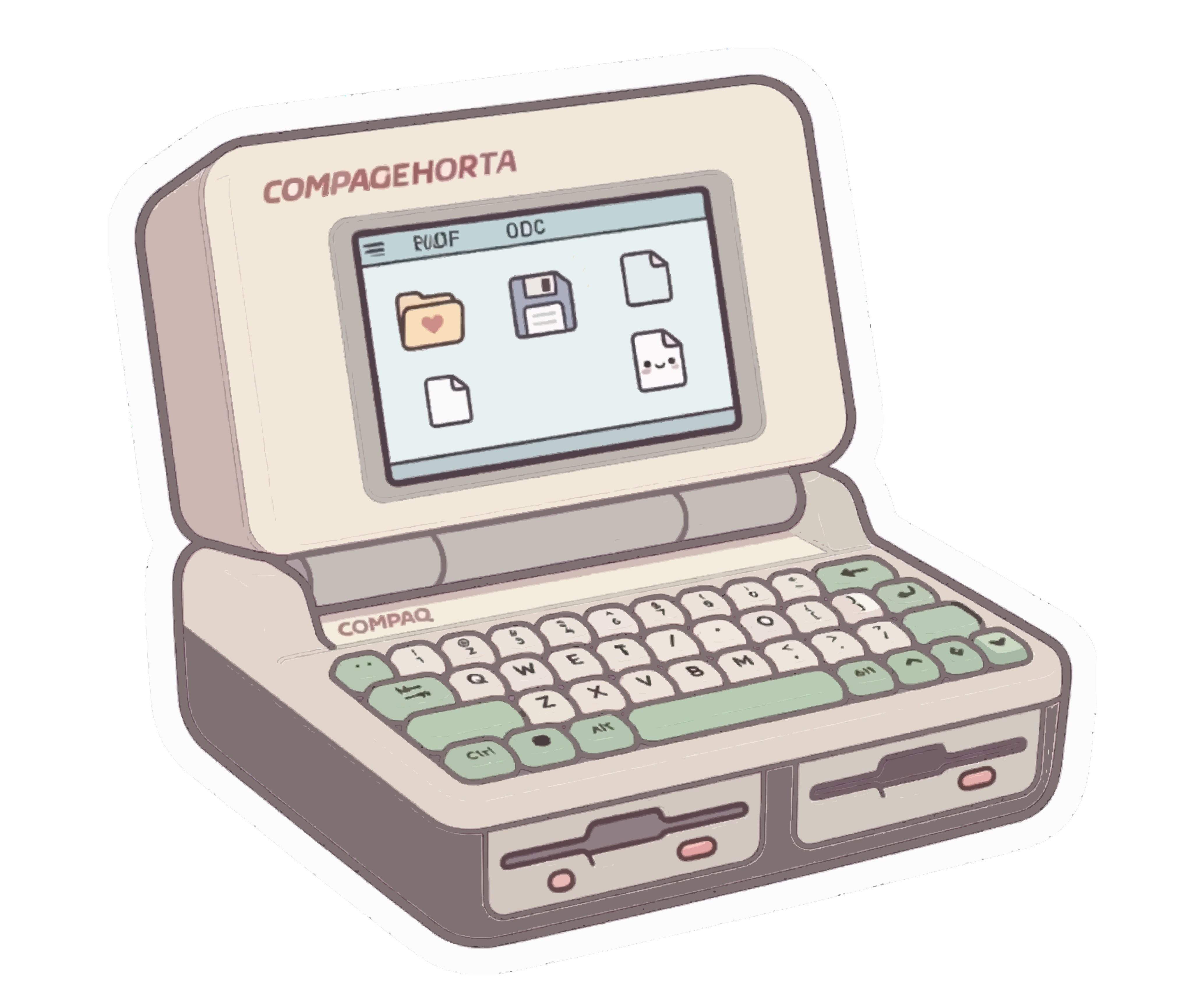 Un ordinateur portable vintage avec un écran affichant des icônes de fichiers et un clavier vert