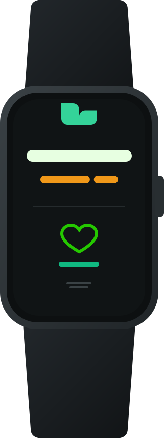 Um smartwatch preto exibindo um ícone de coração verde e elementos abstratos de interface