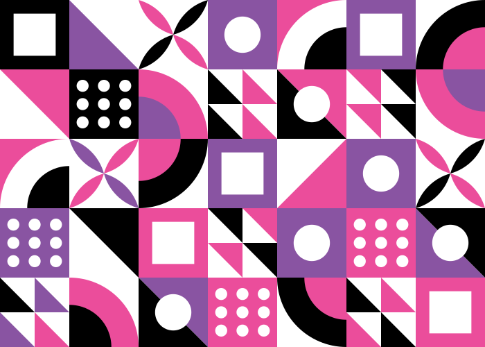 Un motivo senza soluzione di continuità di forme geometriche in nero, bianco, rosa e viola