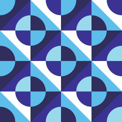 A seamless geometric pattern of blue and white circles and triangles