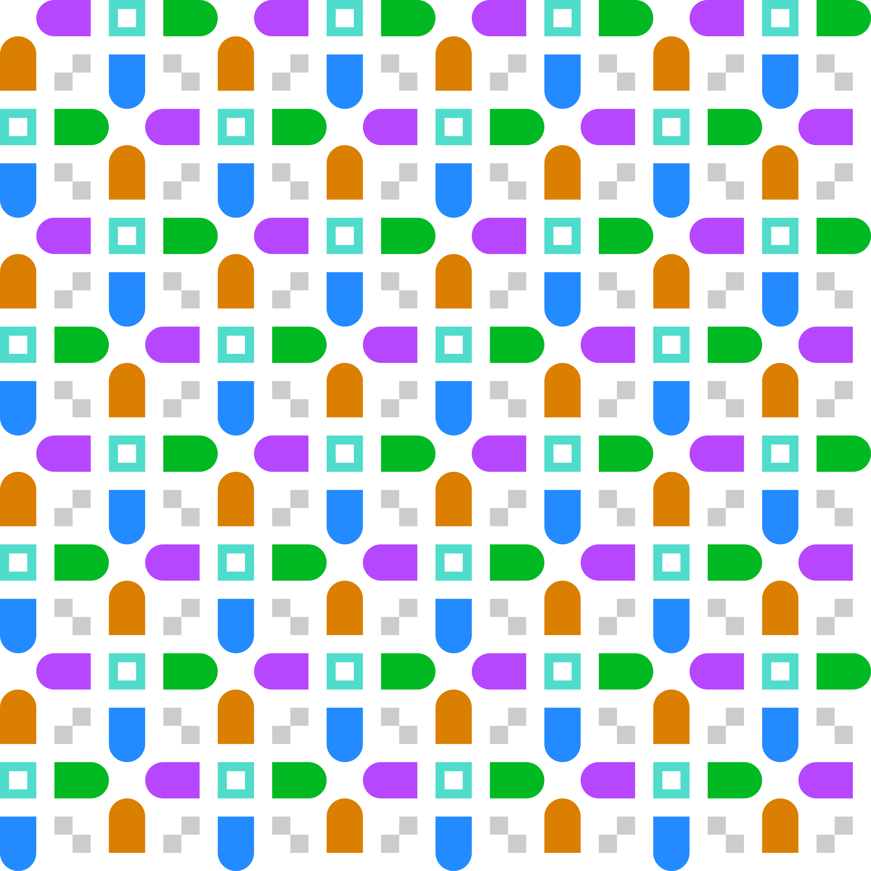 Un motif géométrique répétitif de formes arrondies colorées et de petits carrés sur fond blanc