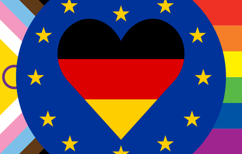Sebuah hati dengan bendera Jerman di dalam lingkaran bintang Uni Eropa