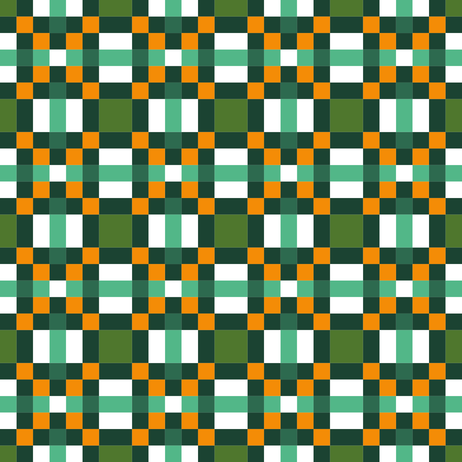 Pola geometris mulus dari kotak dan persegi panjang hijau, oranye, dan putih