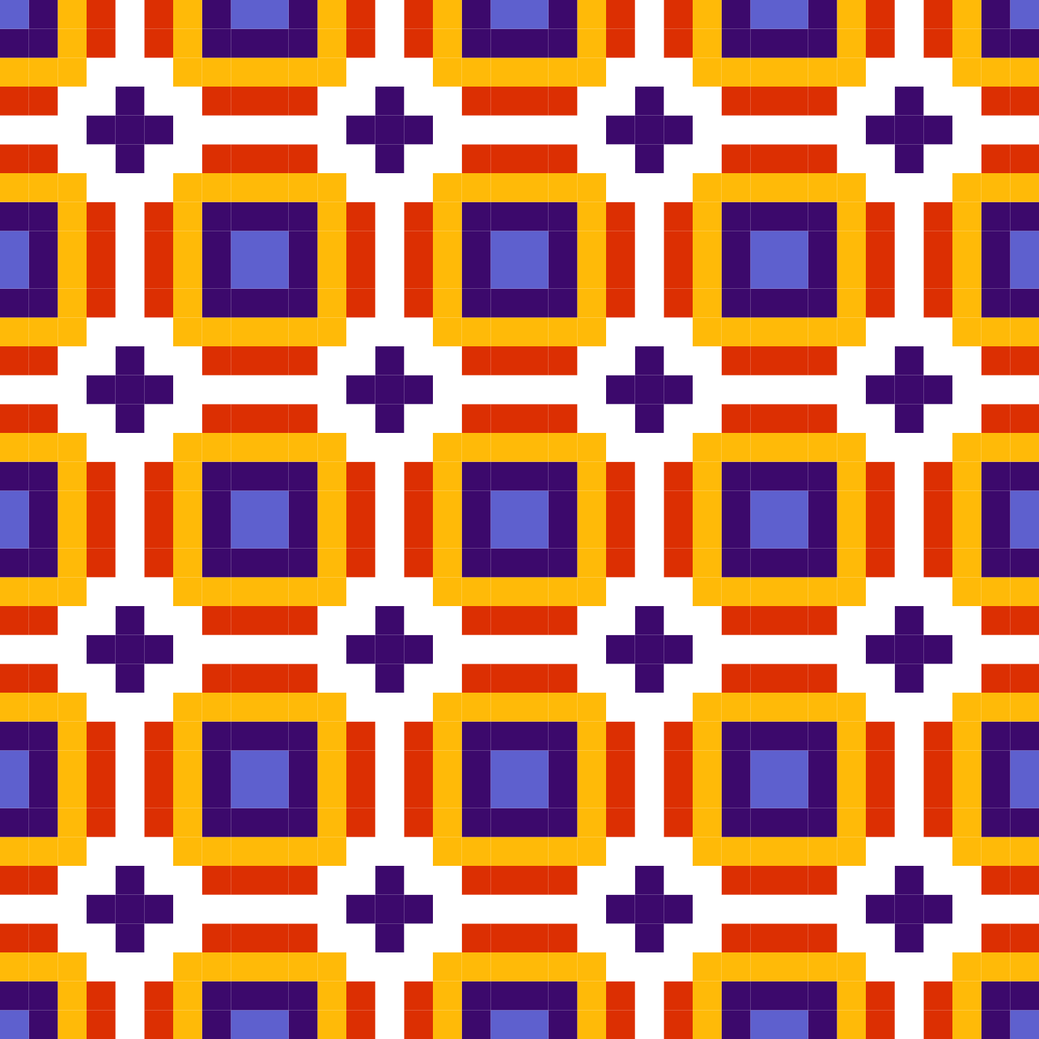 Un motivo geometrico ripetuto di quadrati colorati e piccole croci su bianco