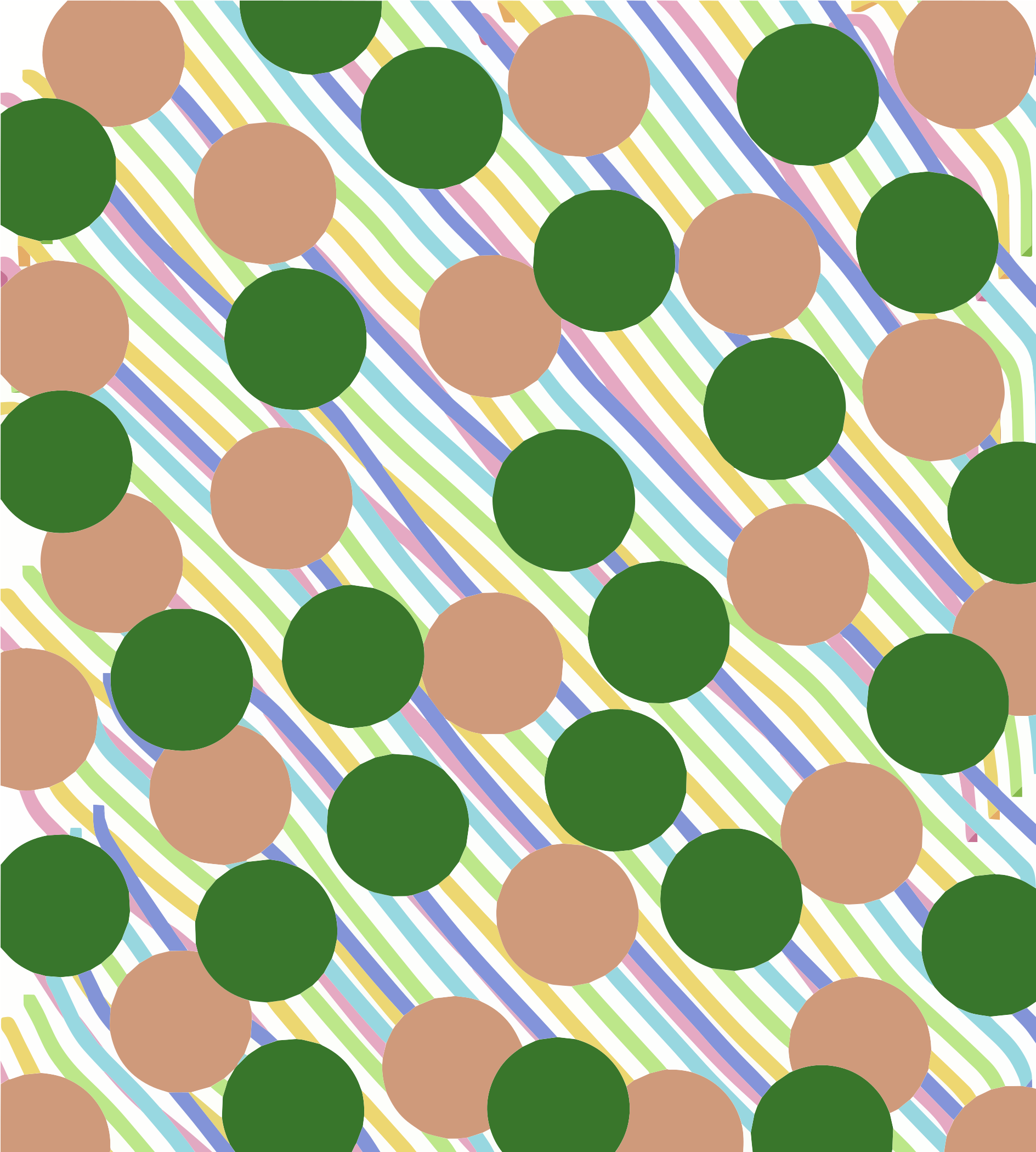 Des cercles verts et beiges superposés sur des rayures diagonales multicolores sur un fond blanc
