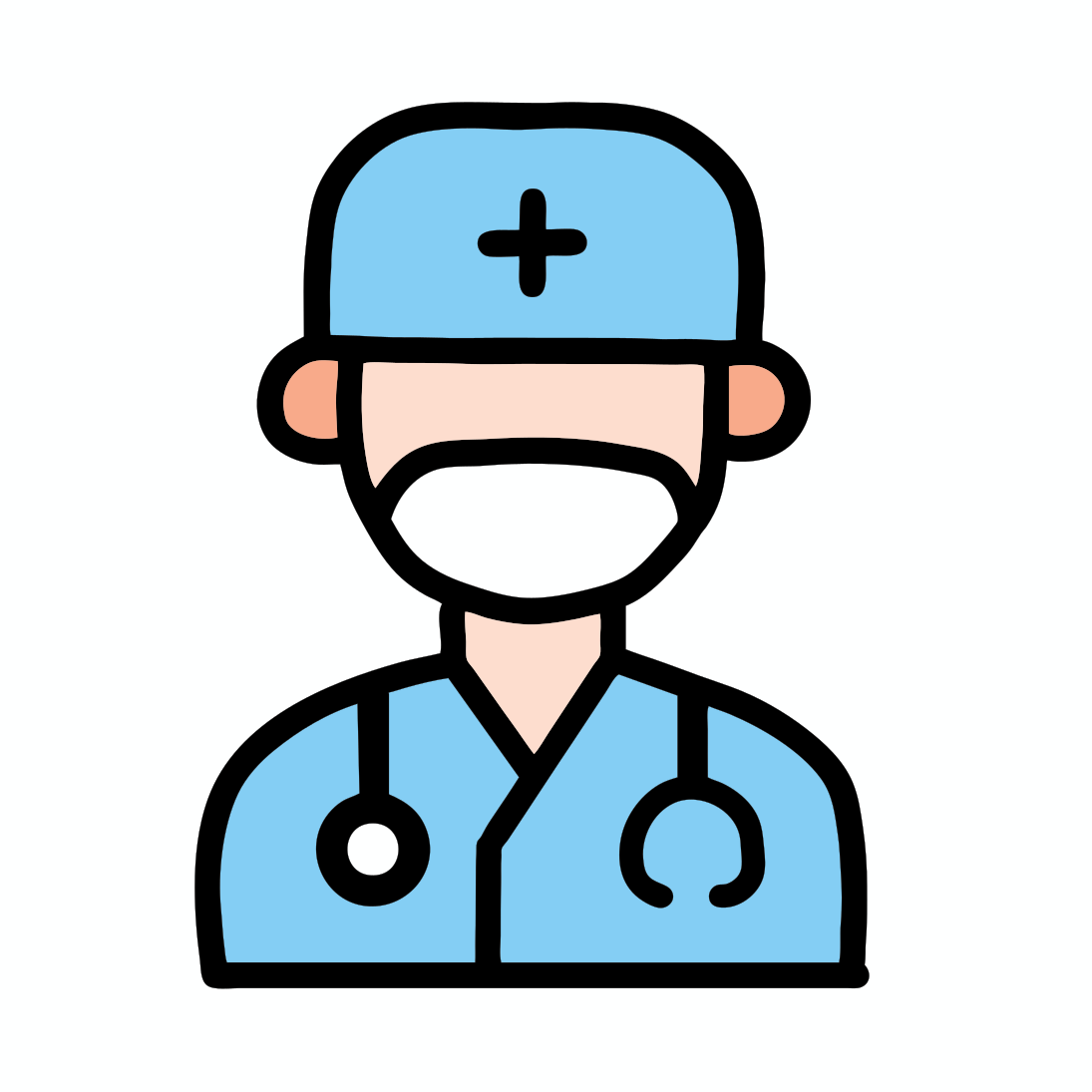 Uma pessoa com uniforme médico azul e boné com estetoscópio