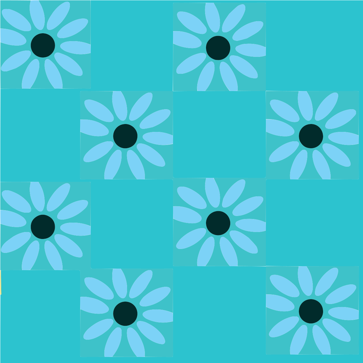 Pola berulang bunga daisy biru muda dengan pusat gelap di latar belakang teal
