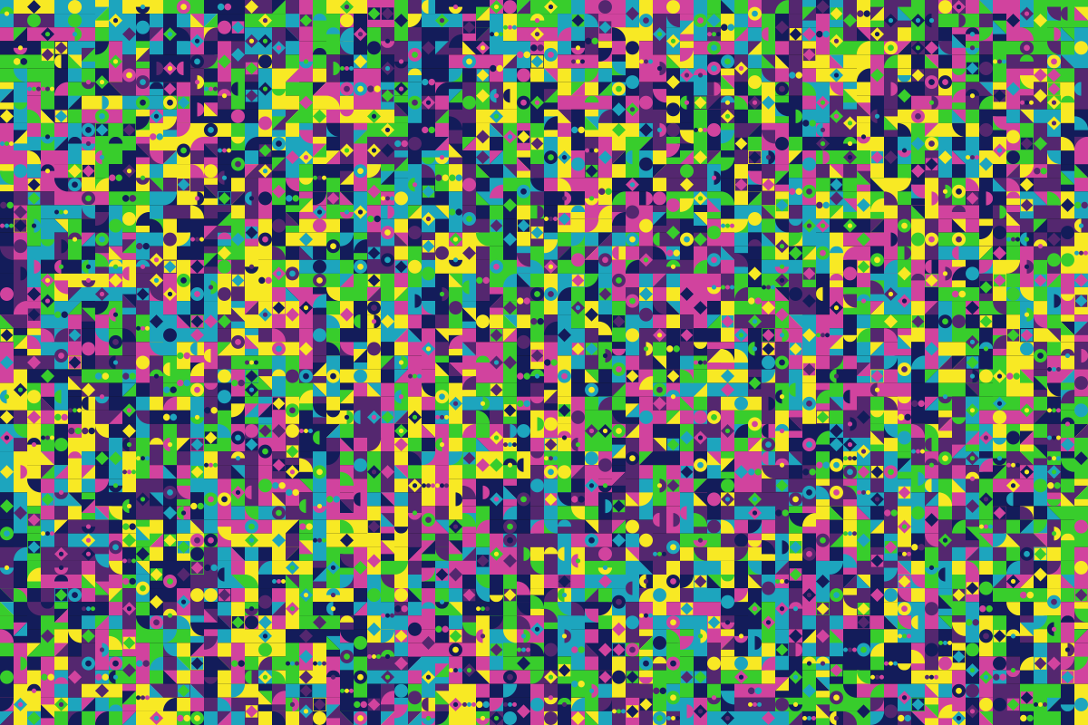 Una densa cuadrícula de pequeñas formas geométricas en amarillo, verde, azul y magenta