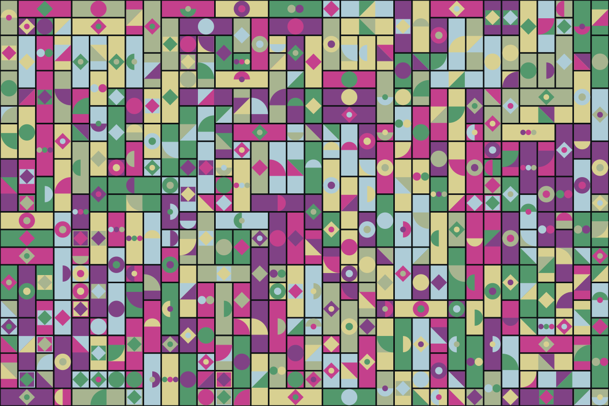 Ein geometrisches Muster aus farbenfrohen Rechtecken mit Kreisen, Dreiecken und Rauten
