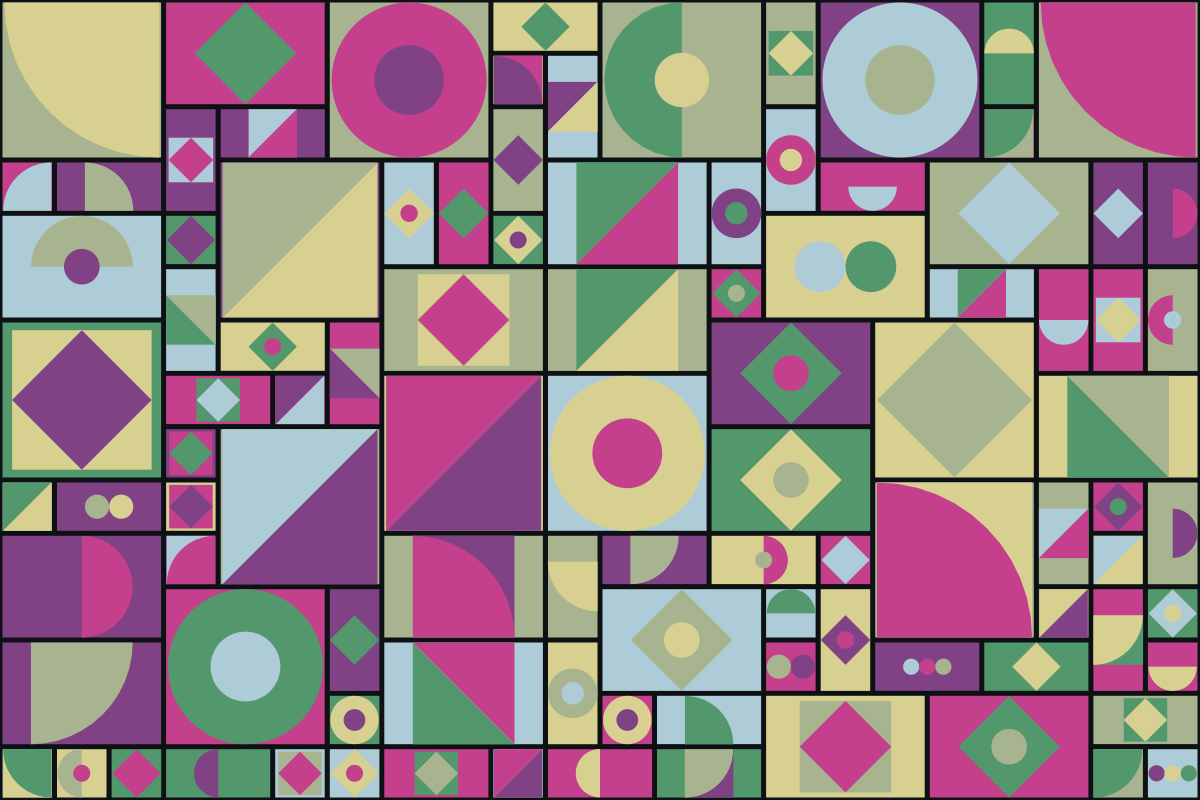 Ein Raster aus farbenfrohen geometrischen Formen, darunter Kreise, Quadrate und Dreiecke