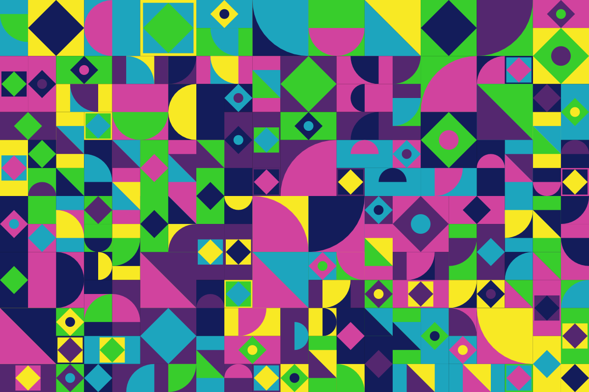 Una cuadrícula de coloridas formas geométricas que incluyen cuadrados, triángulos, círculos y diamantes