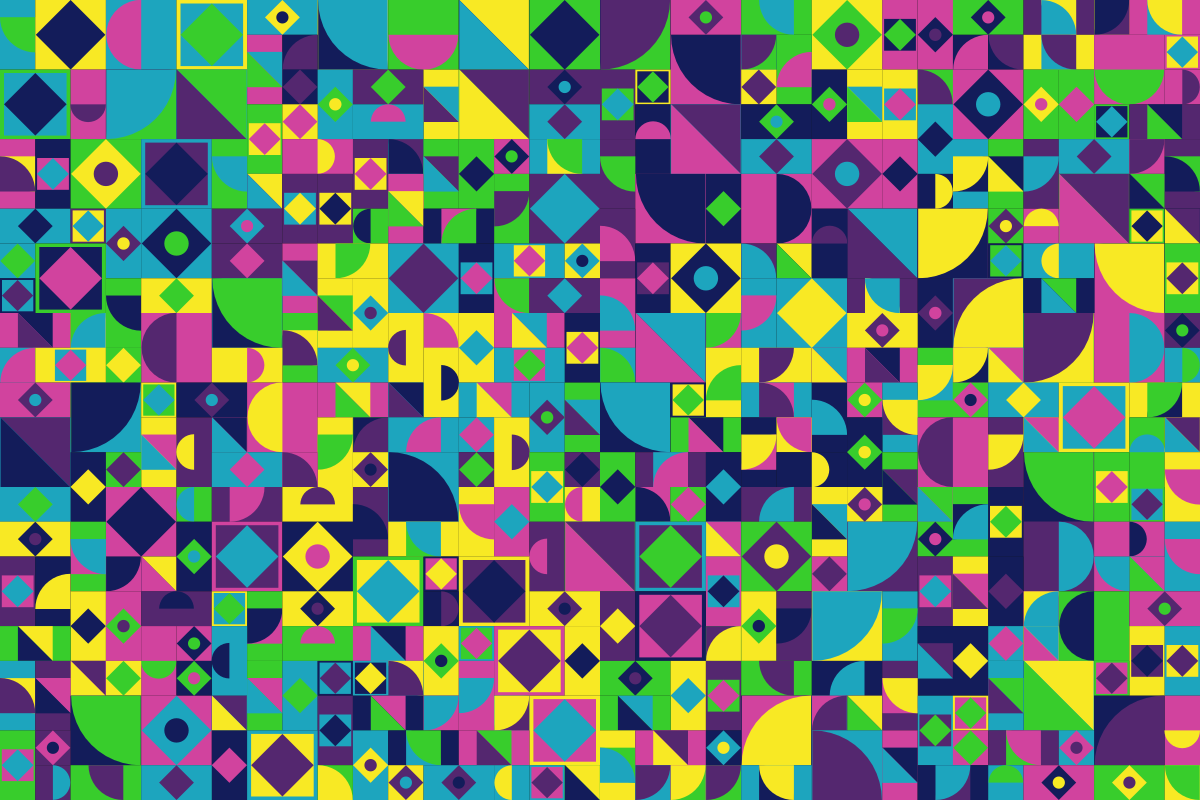 Una cuadrícula de formas geométricas coloridas que incluye cuadrados, círculos y triángulos en tonos brillantes