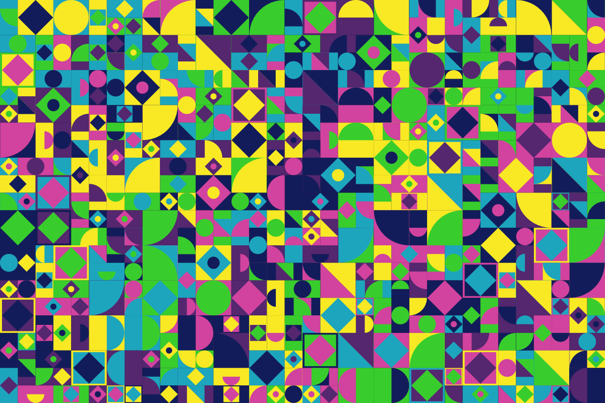 Sebuah kisi bentuk geometris berwarna-warni termasuk lingkaran, kotak, dan segitiga dengan warna cerah