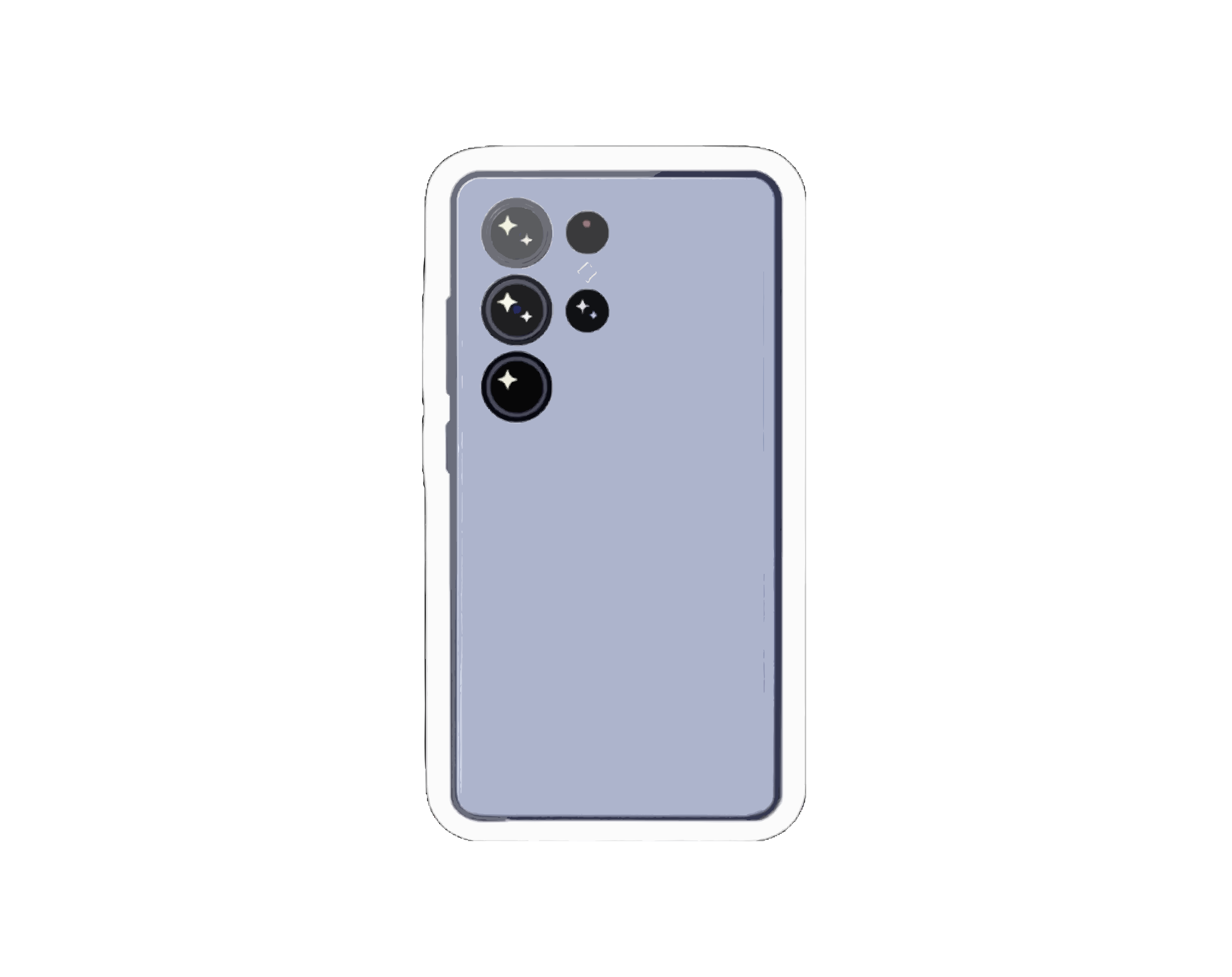 Ein hellviolettes Smartphone mit einer Mehrlinsen-Kameraanordnung auf weißem Hintergrund