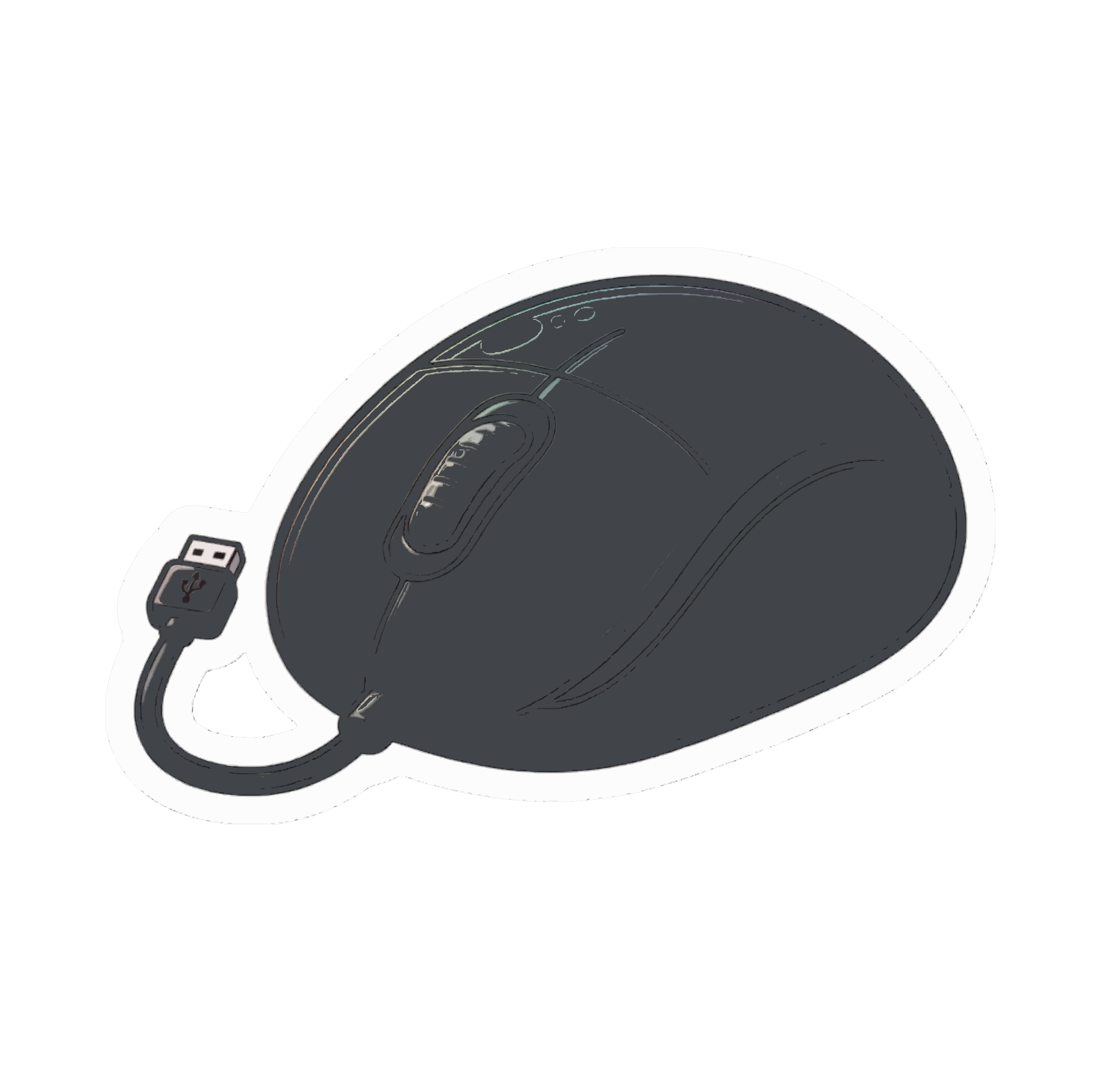 Um mouse de computador cinza escuro com um cabo USB curto sobre fundo branco