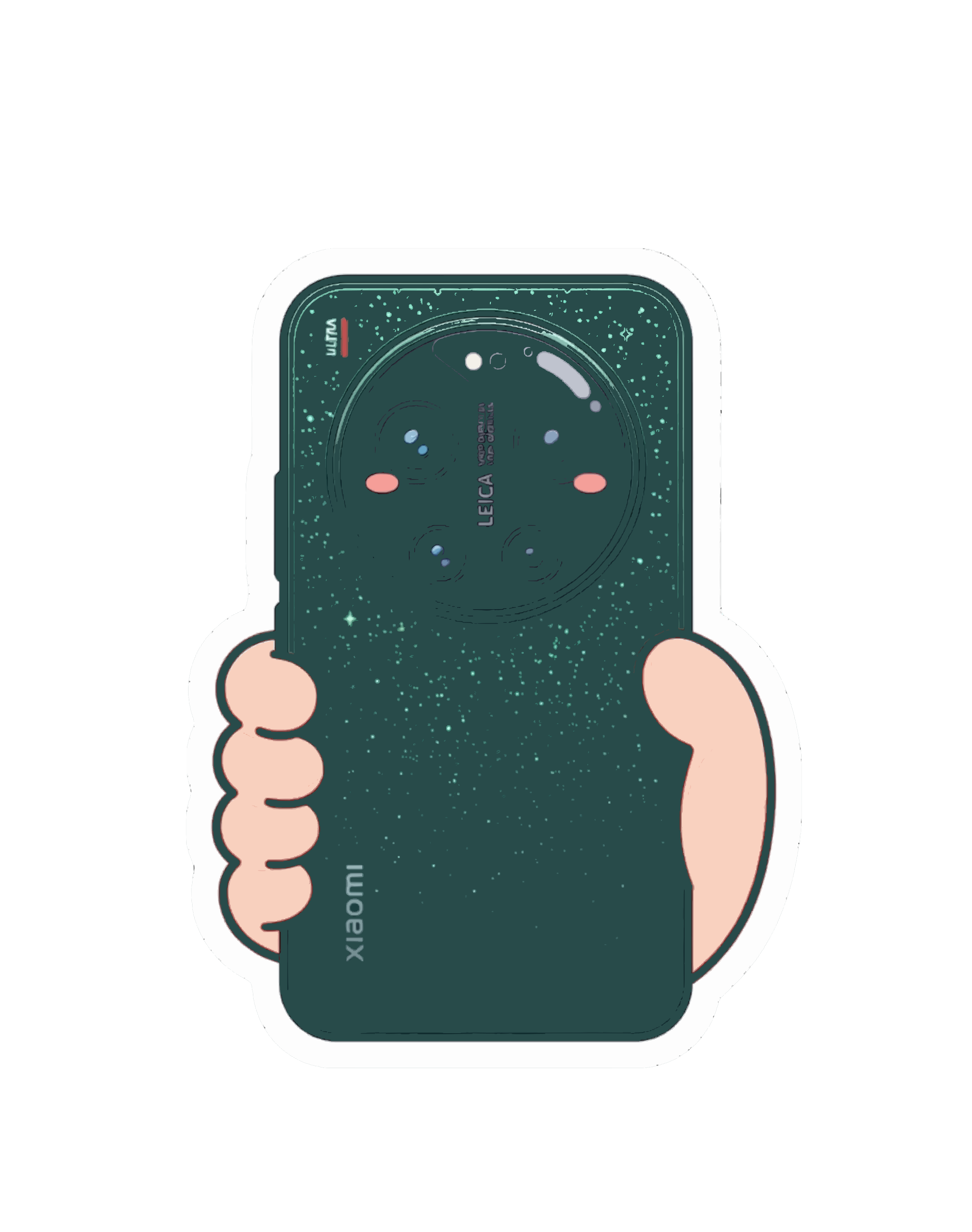 星模様の濃い緑色のスマートフォンを持つ手