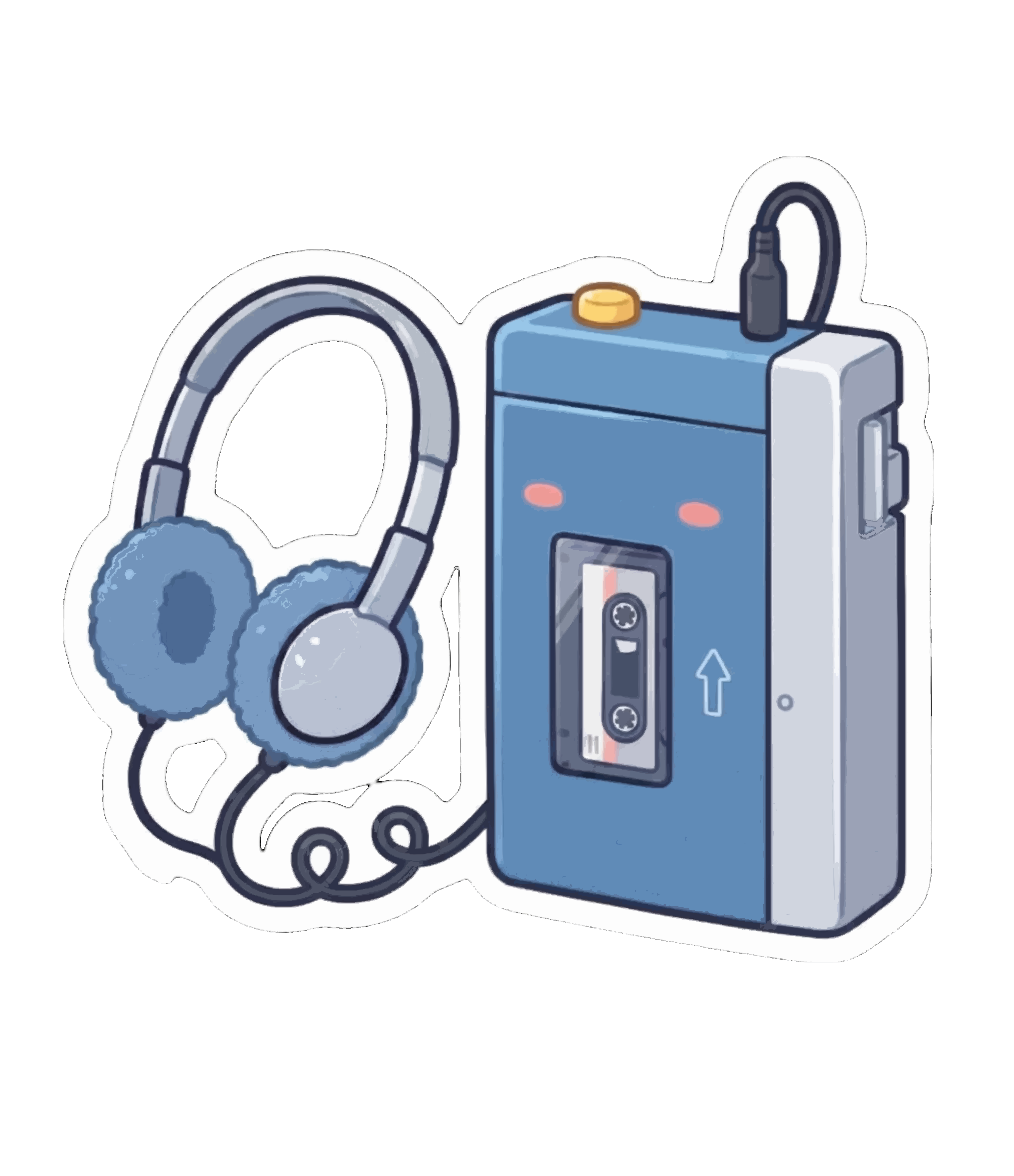 Pemutar kaset portabel biru dengan headphone dan pita kaset