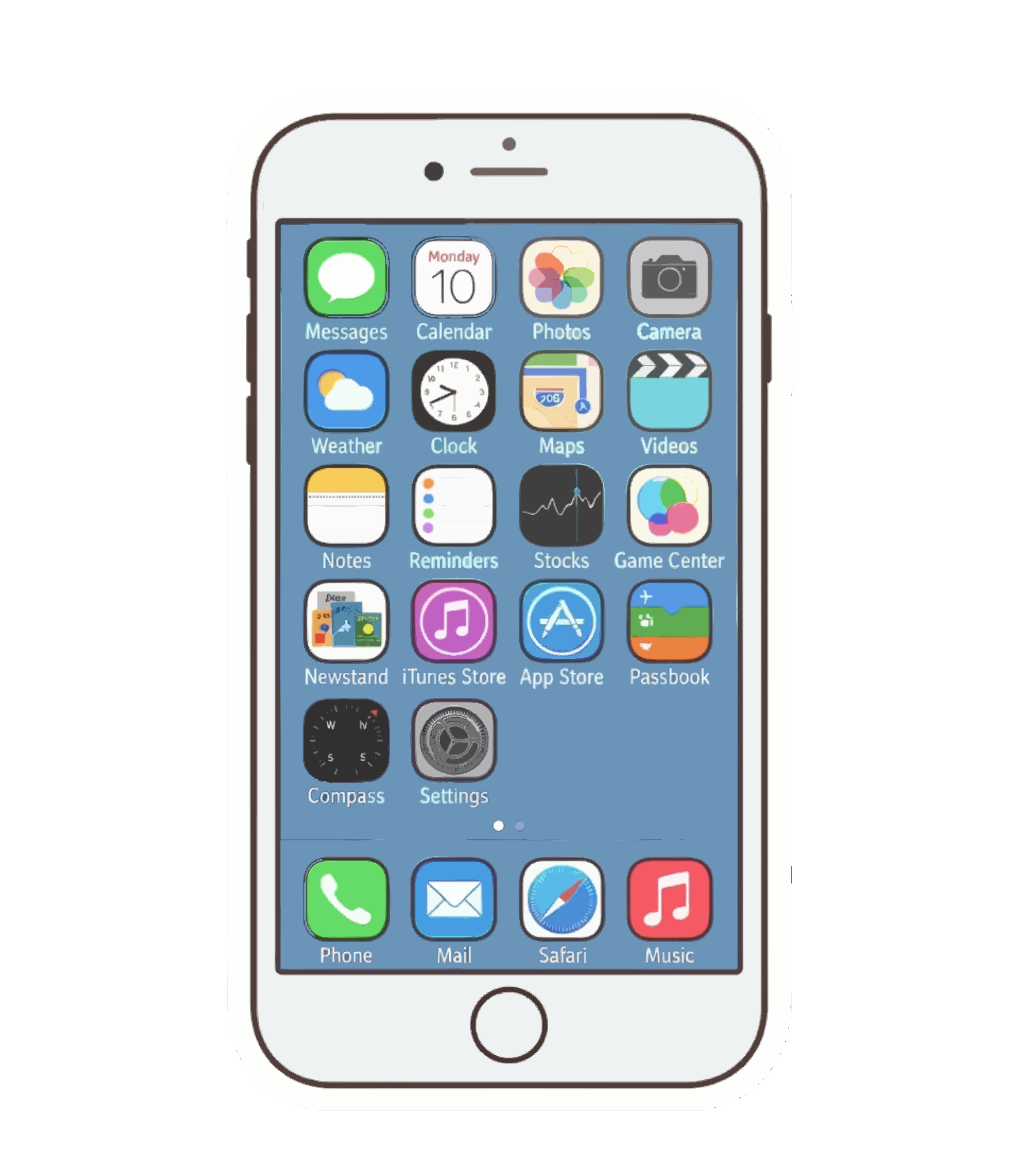 白いスマートフォンがホーム画面に様々なカラフルなアプリアイコンを表示します