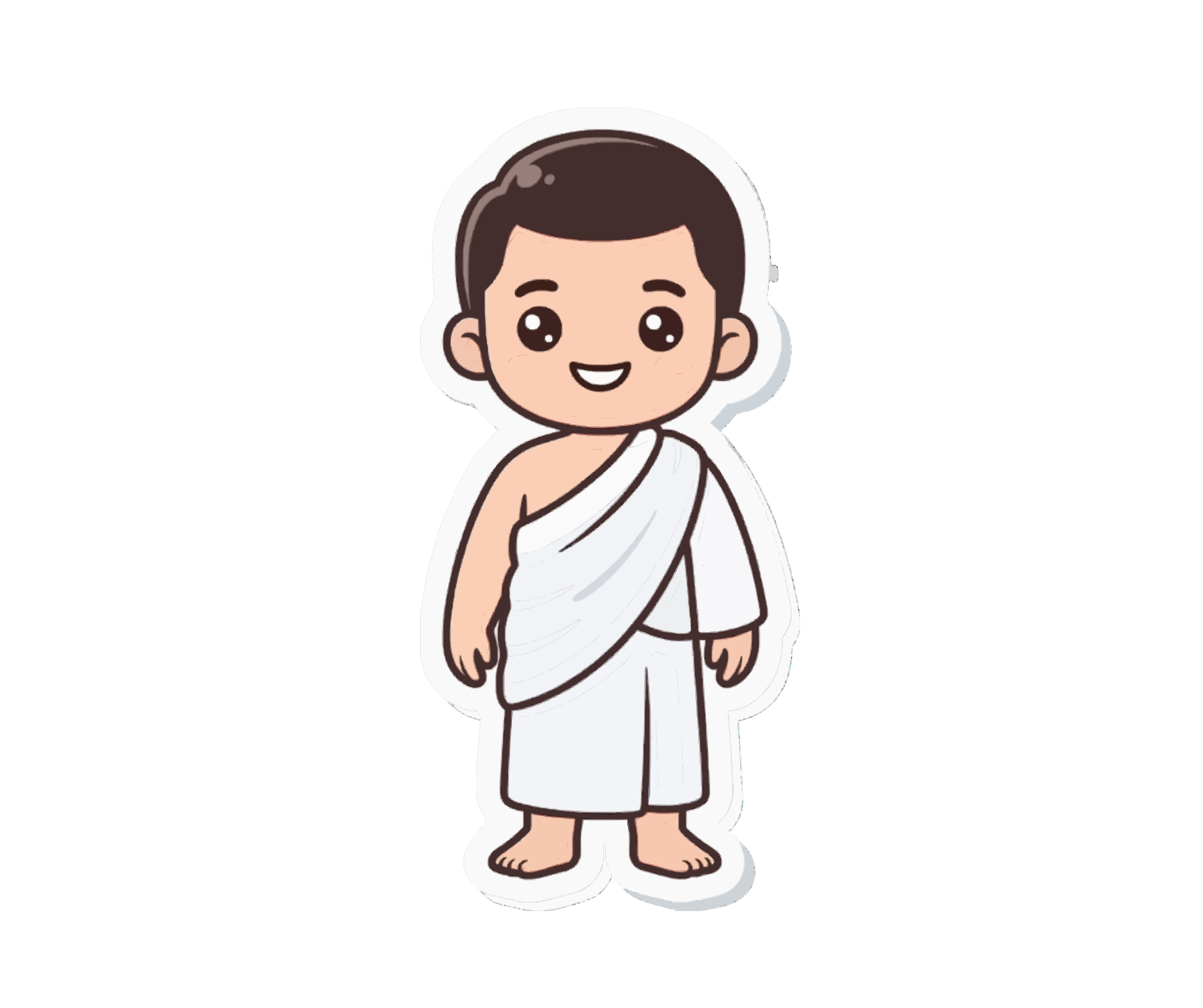 Una persona de dibujos animados vestida con ropa blanca de ihram sobre un fondo blanco liso