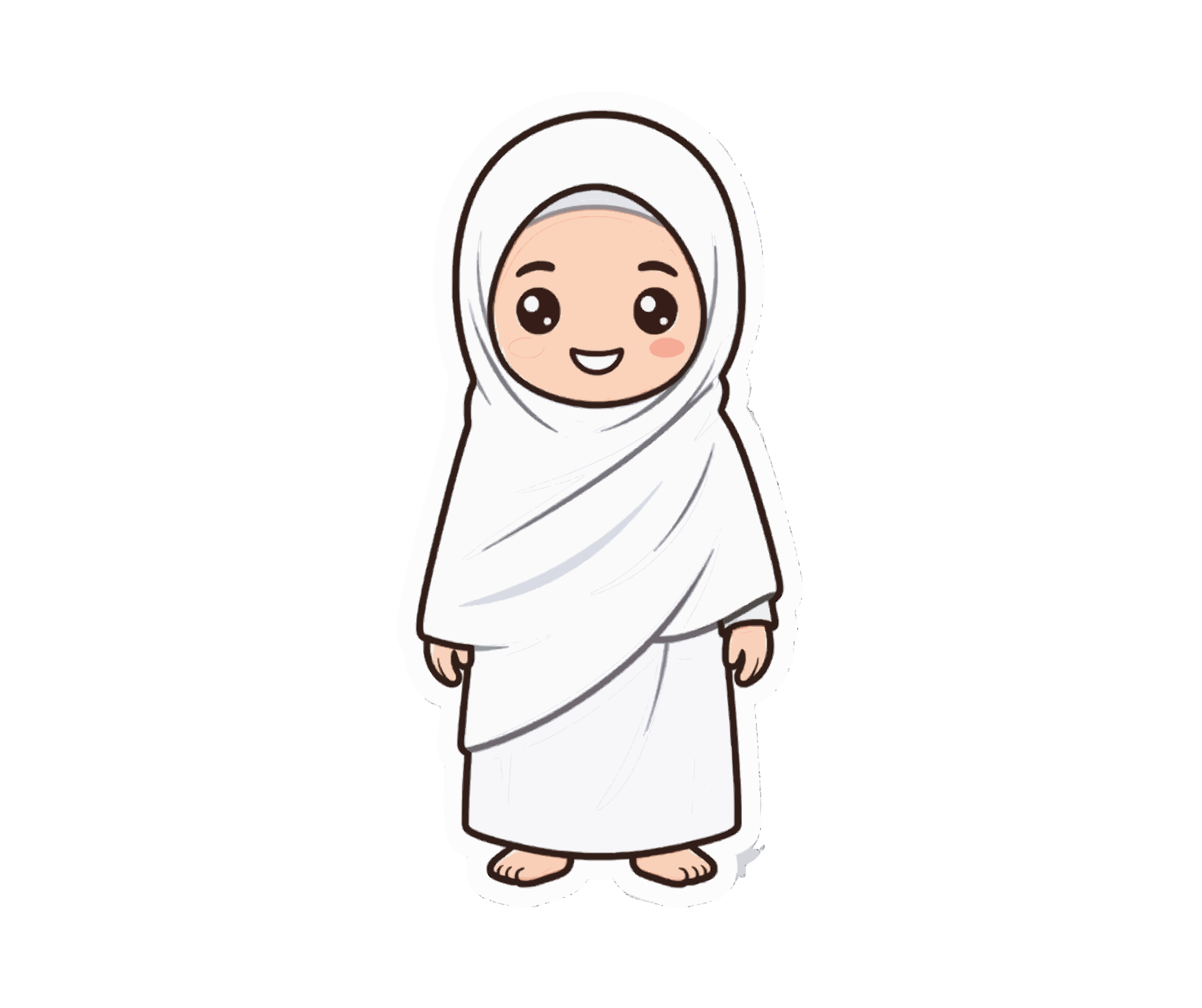 A cartoon person wearing a white hijab and white clothing on a white background