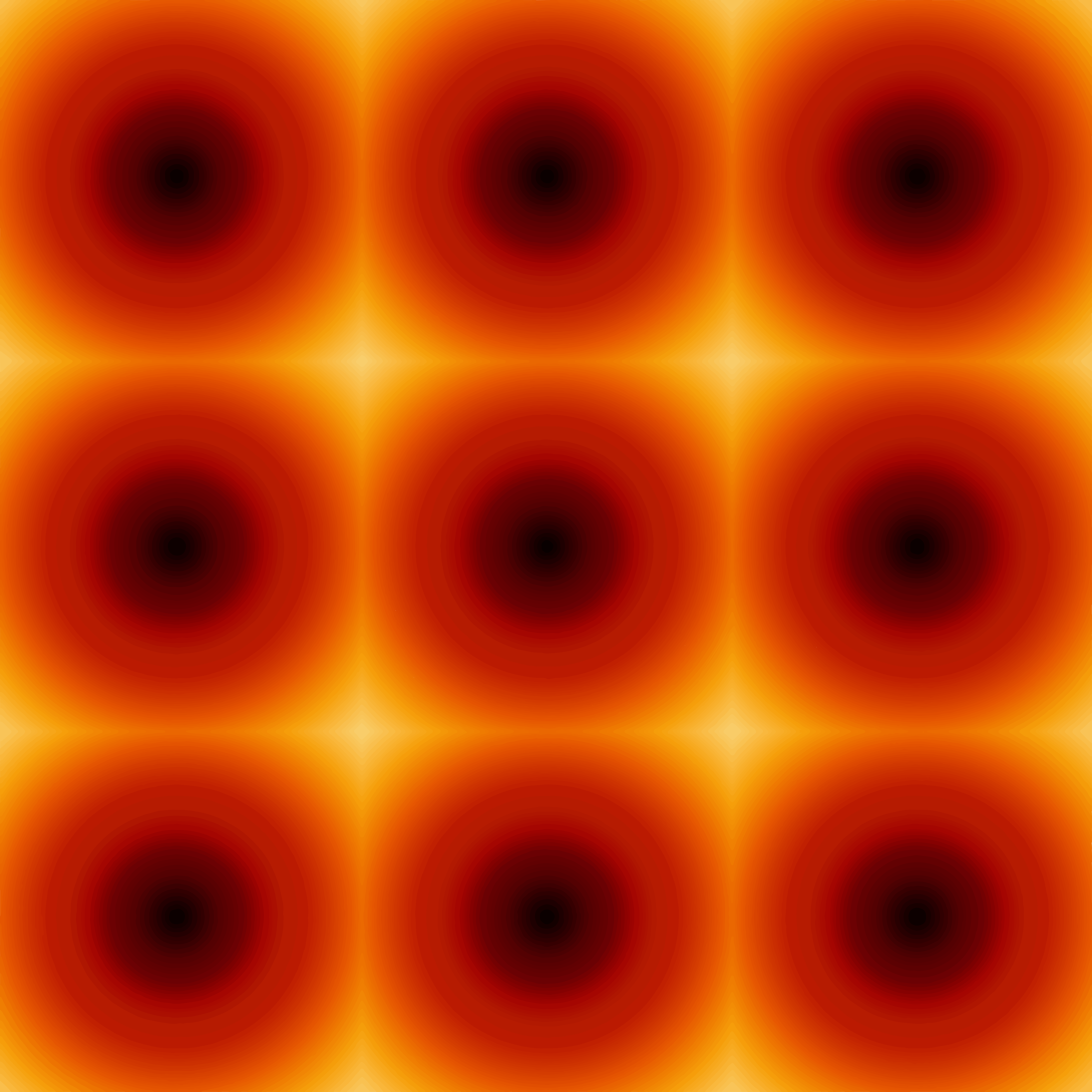 A grid of nine dark circles with glowing orange and red radial gradients