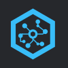 A blue network icon with connected nodes inside a hexagon on dark grey