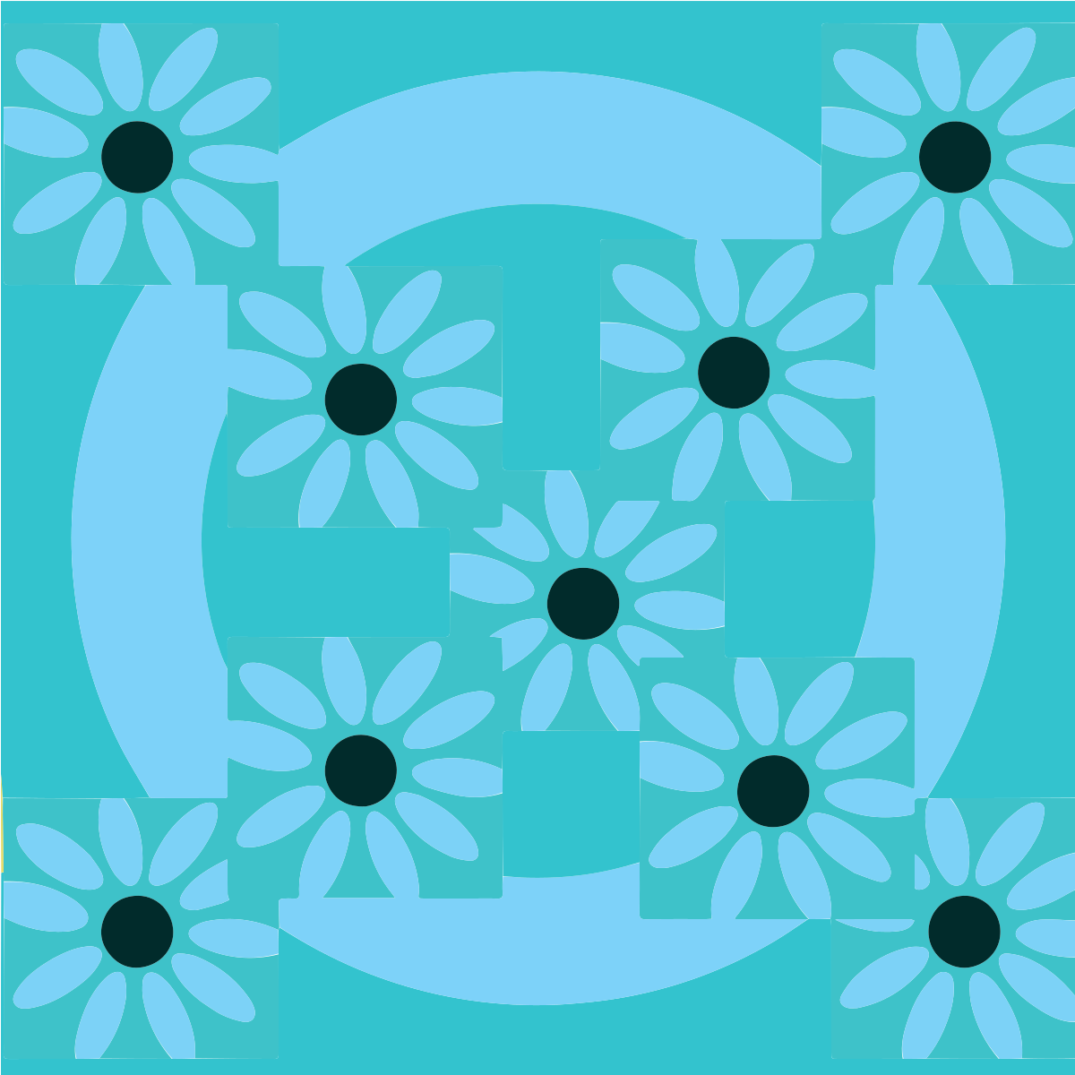Un motif répétitif de marguerites bleu clair avec des centres foncés sur un fond sarcelle.