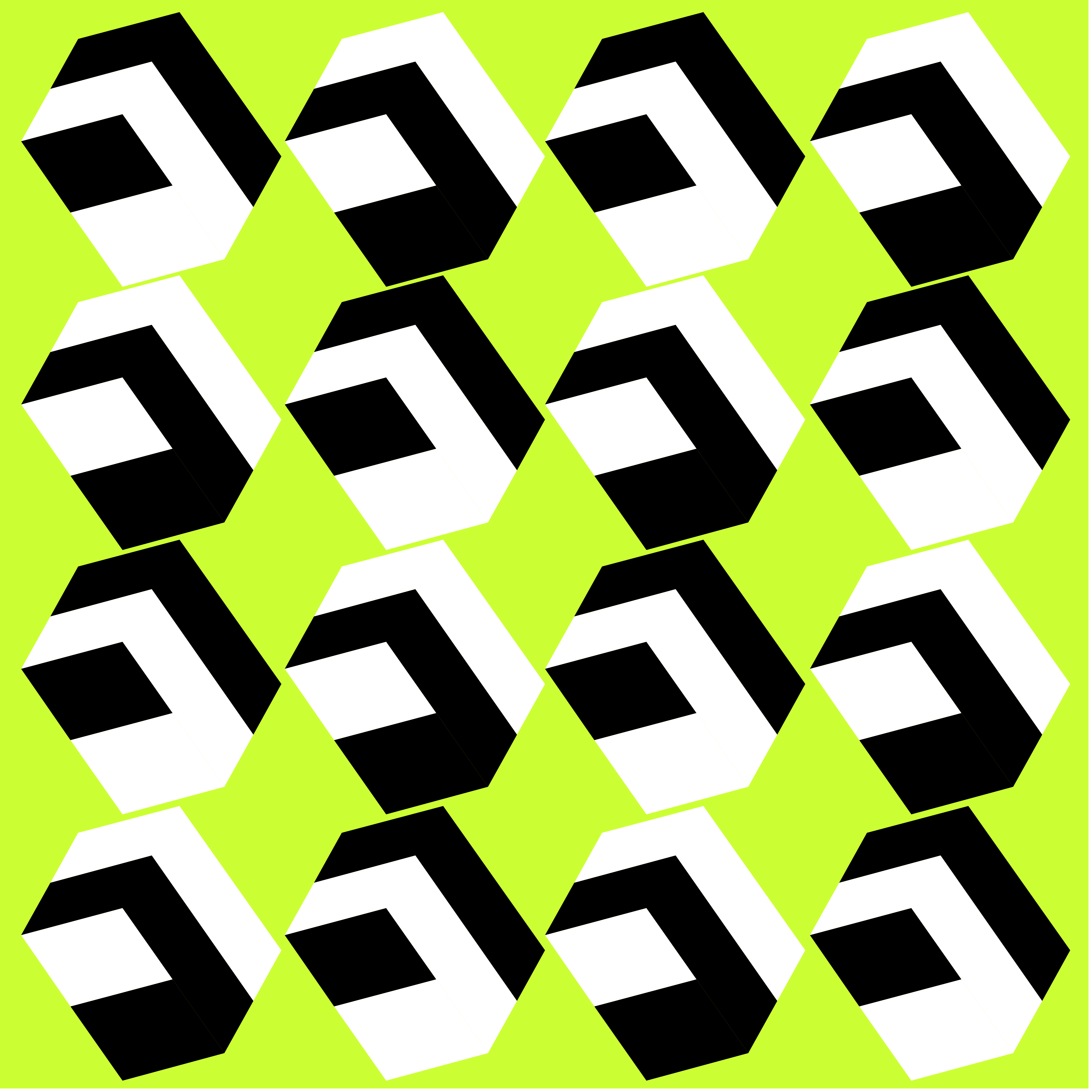 Ein sich wiederholendes Muster aus schwarz-weißen geometrischen Würfeln auf einem limettengrünen Hintergrund