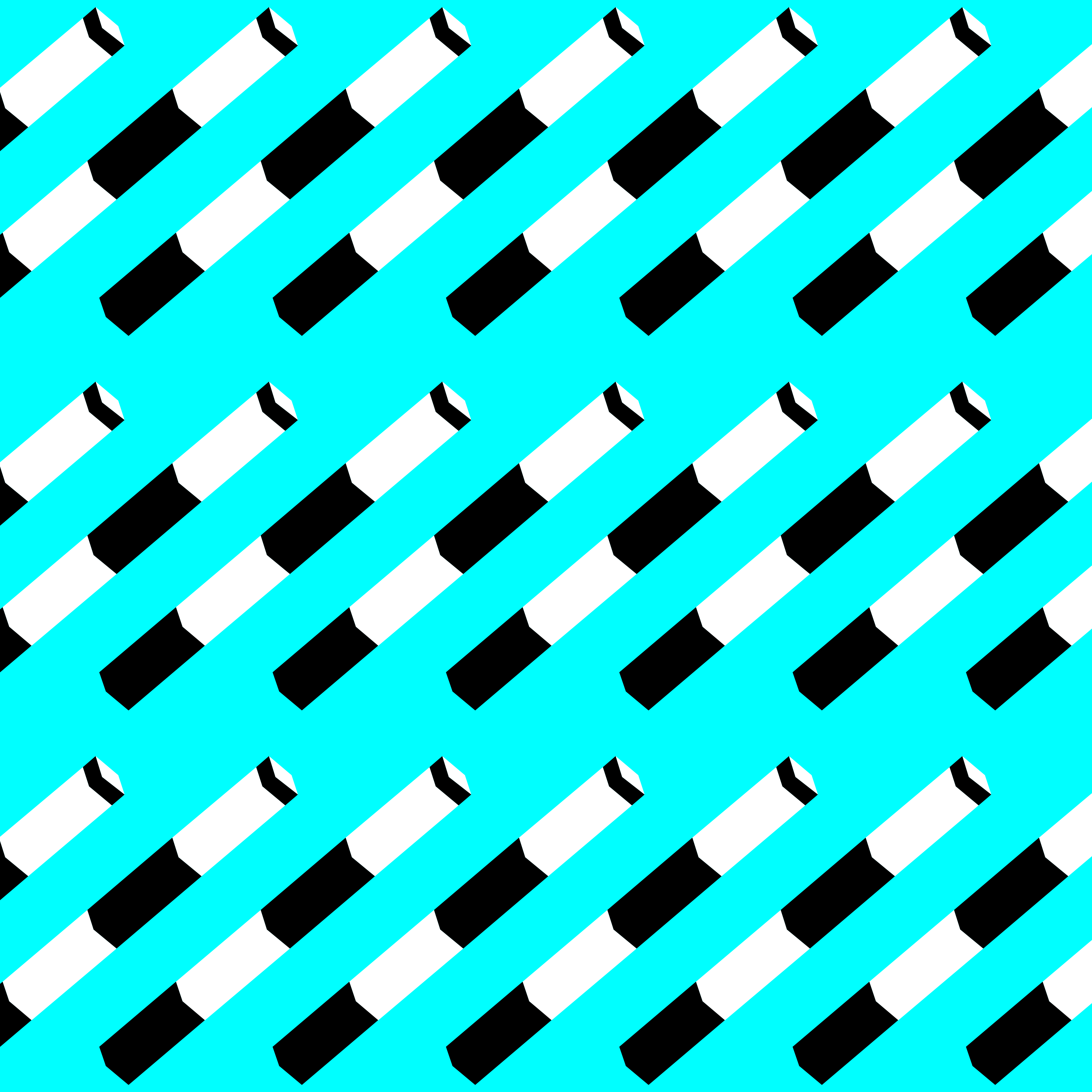 Ein sich wiederholendes Muster aus diagonalen schwarzen und weißen Balken auf einem leuchtend cyanfarbenen Hintergrund