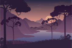 Des arbres en silhouette surplombant un lac calme entouré de montagnes sous un ciel chaud