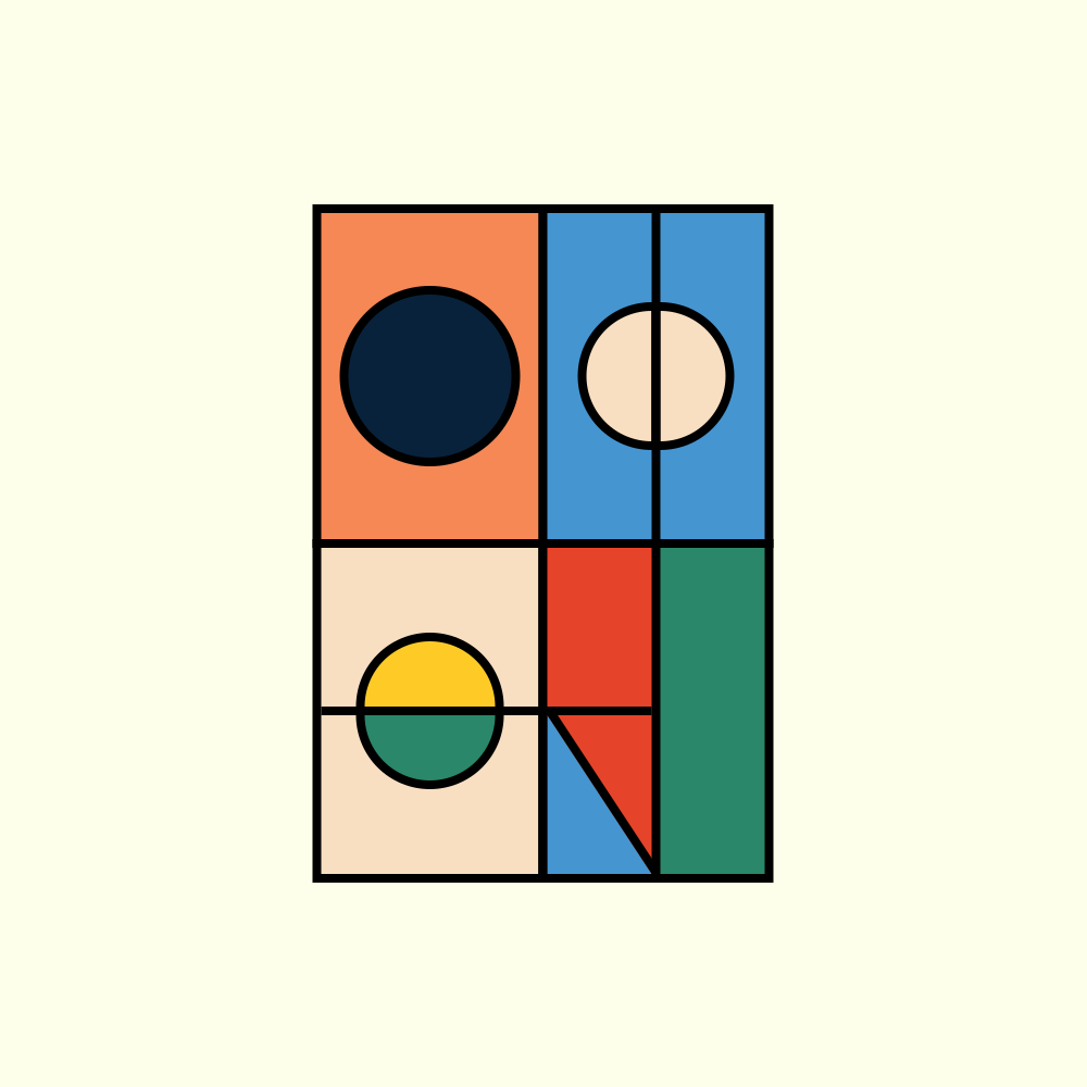 Composición geométrica abstracta con círculos y rectángulos coloridos sobre un fondo claro