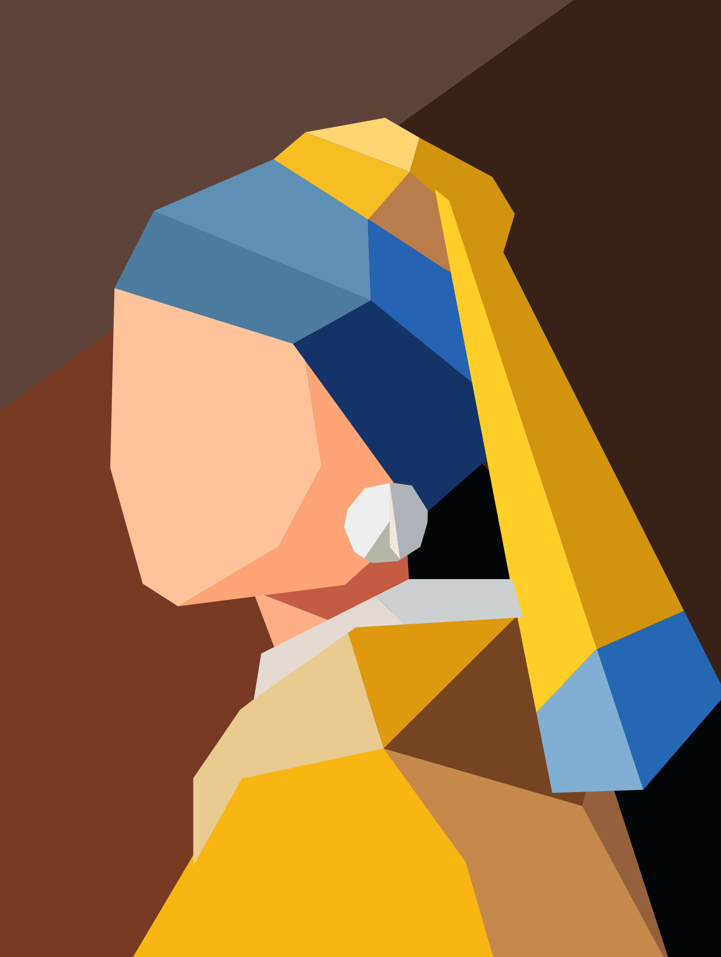 Figur geometris dengan jilbab biru dan kuning dengan anting mutiara