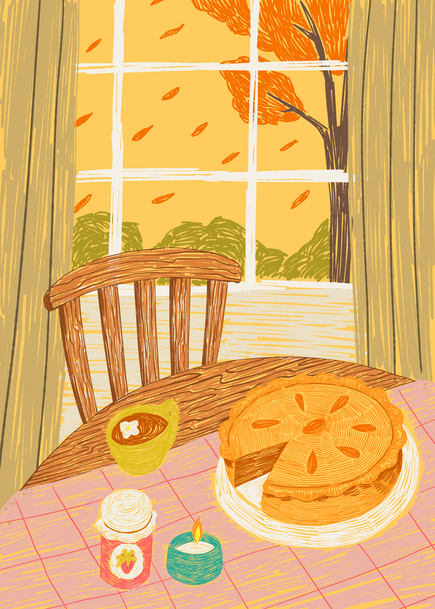 A pie, a mug, a jar, and a candle on a table by a window