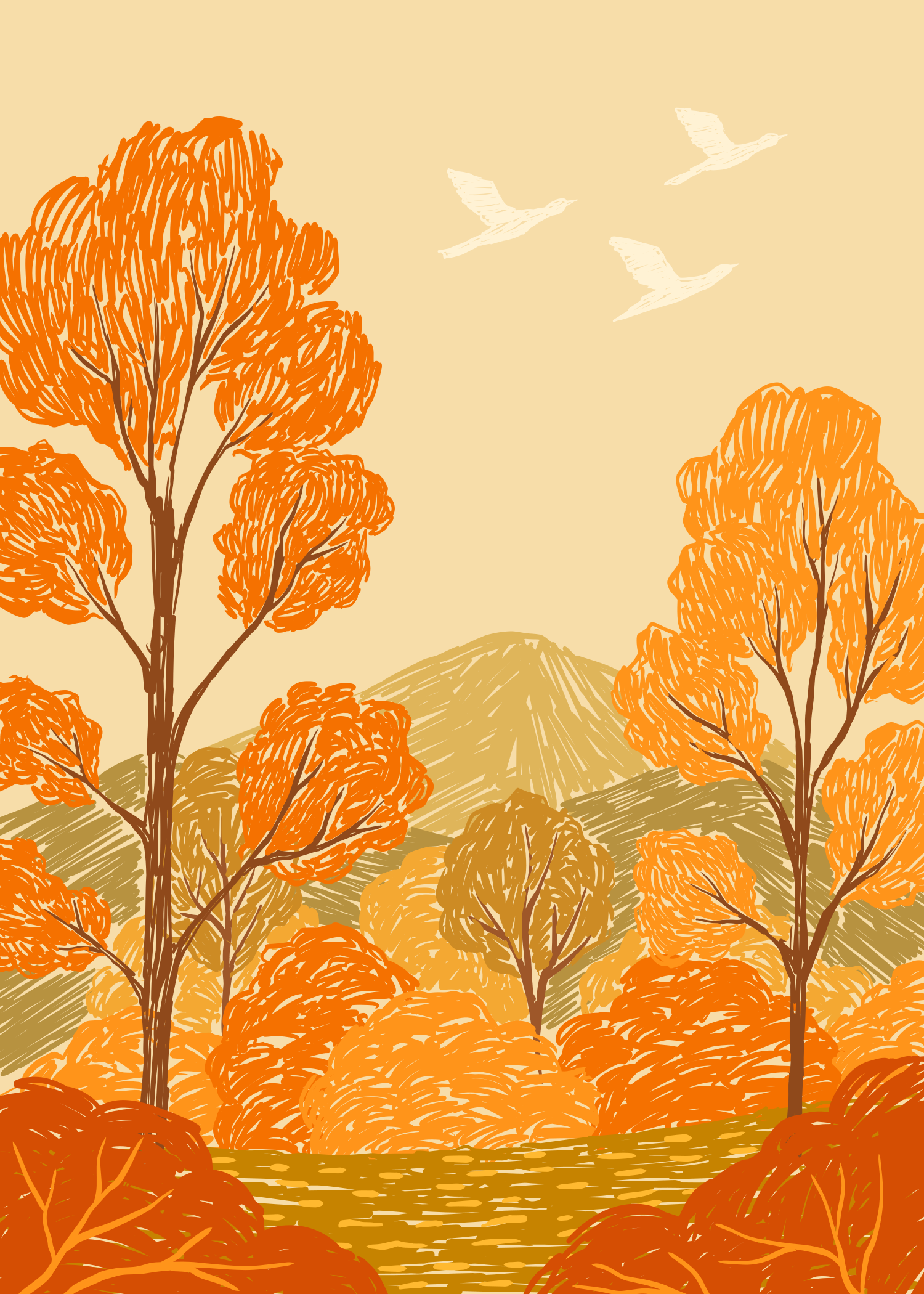 Des orangers en automne avec des oiseaux volant au-dessus d’une montagne lointaine