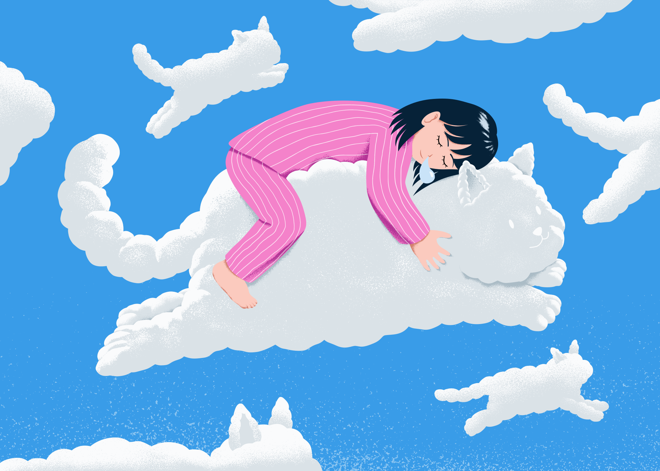 Una persona con pijama rosa durmiendo sobre una gran nube con forma de gato