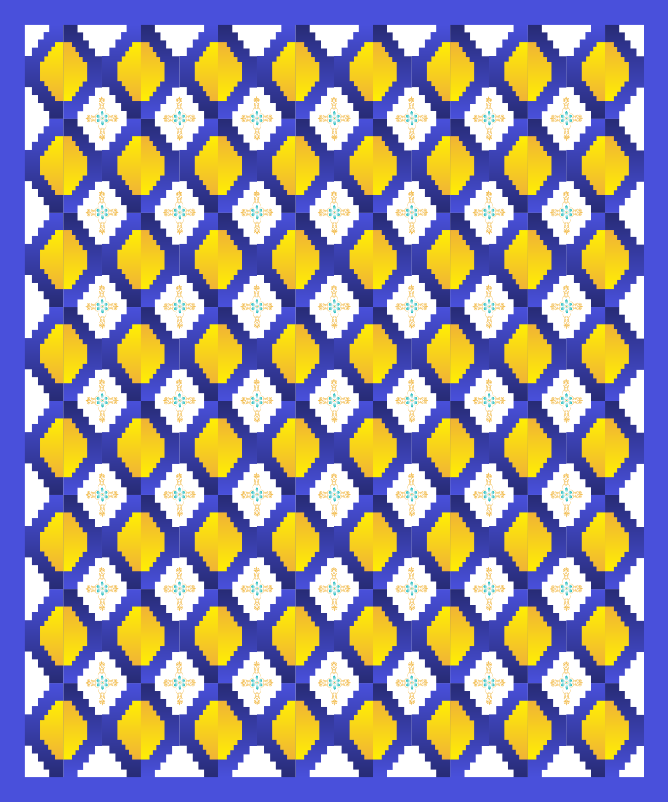 Un motivo geometrico ripetuto di rombi gialli e croci bianche su tessere blu